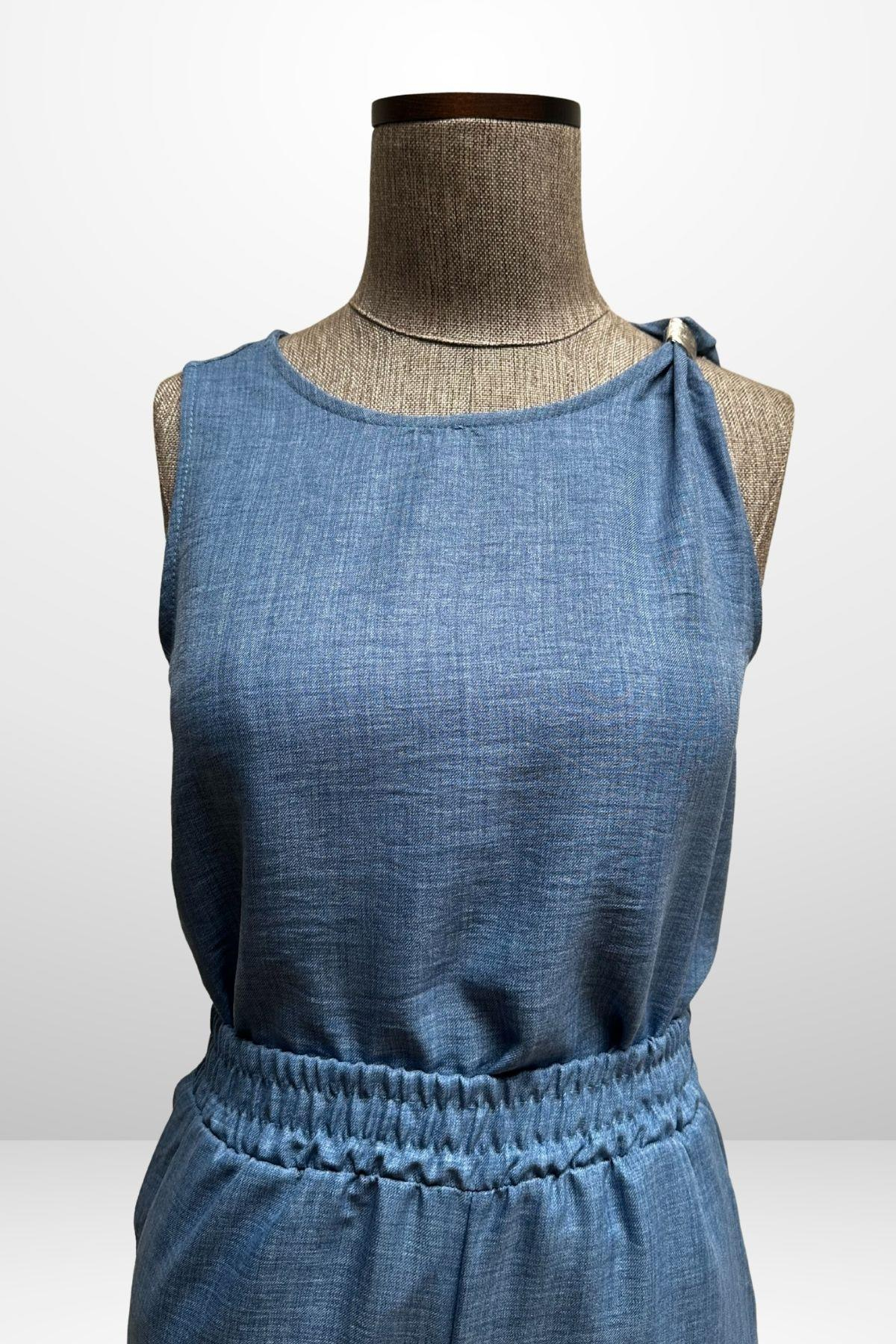 S-25Y4370002Kadın  Toka Detaylı Eteği Asimetrik Bluz Beli Lastikli Cepli Palazzo Pantolon Keten 2'li Takım