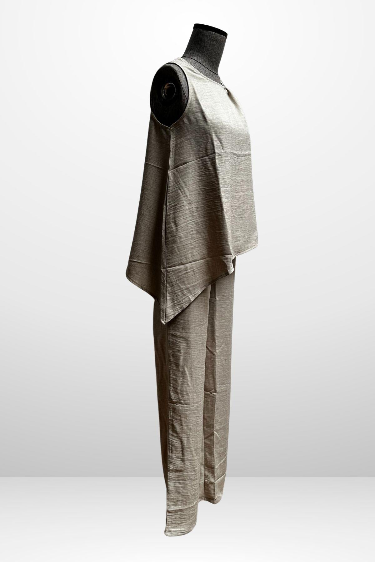 S-25Y4370002Kadın  Toka Detaylı Eteği Asimetrik Bluz Beli Lastikli Cepli Palazzo Pantolon Keten 2'li Takım