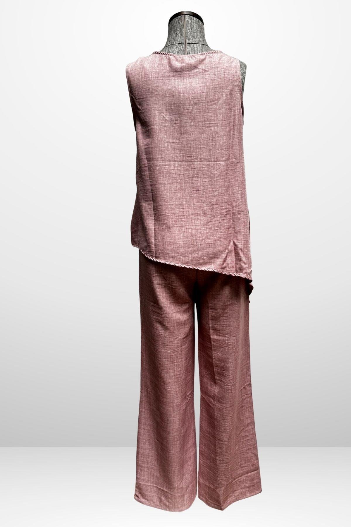 S-25Y4370002Kadın  Toka Detaylı Eteği Asimetrik Bluz Beli Lastikli Cepli Palazzo Pantolon Keten 2'li Takım