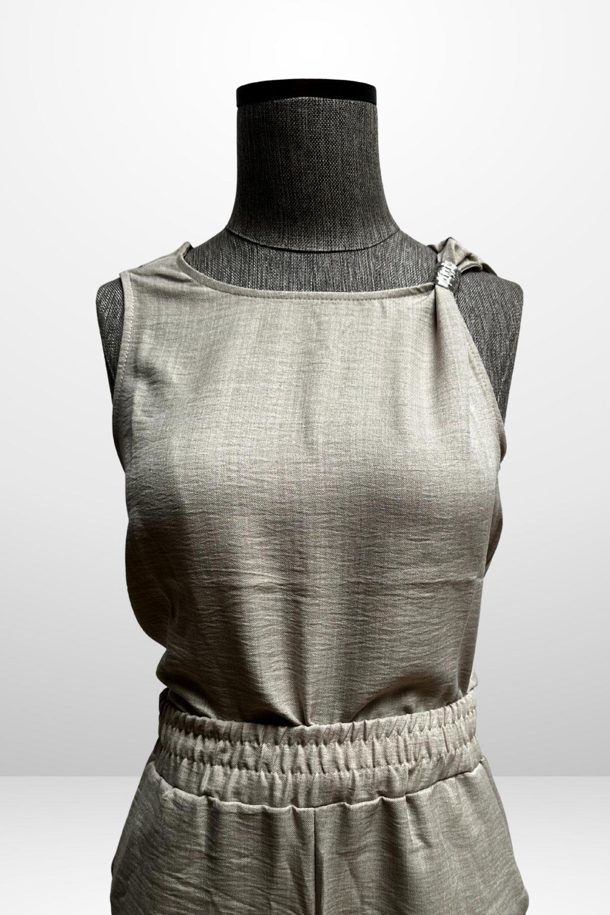 S-25Y4370002Kadın  Toka Detaylı Eteği Asimetrik Bluz Beli Lastikli Cepli Palazzo Pantolon Keten 2'li Takım