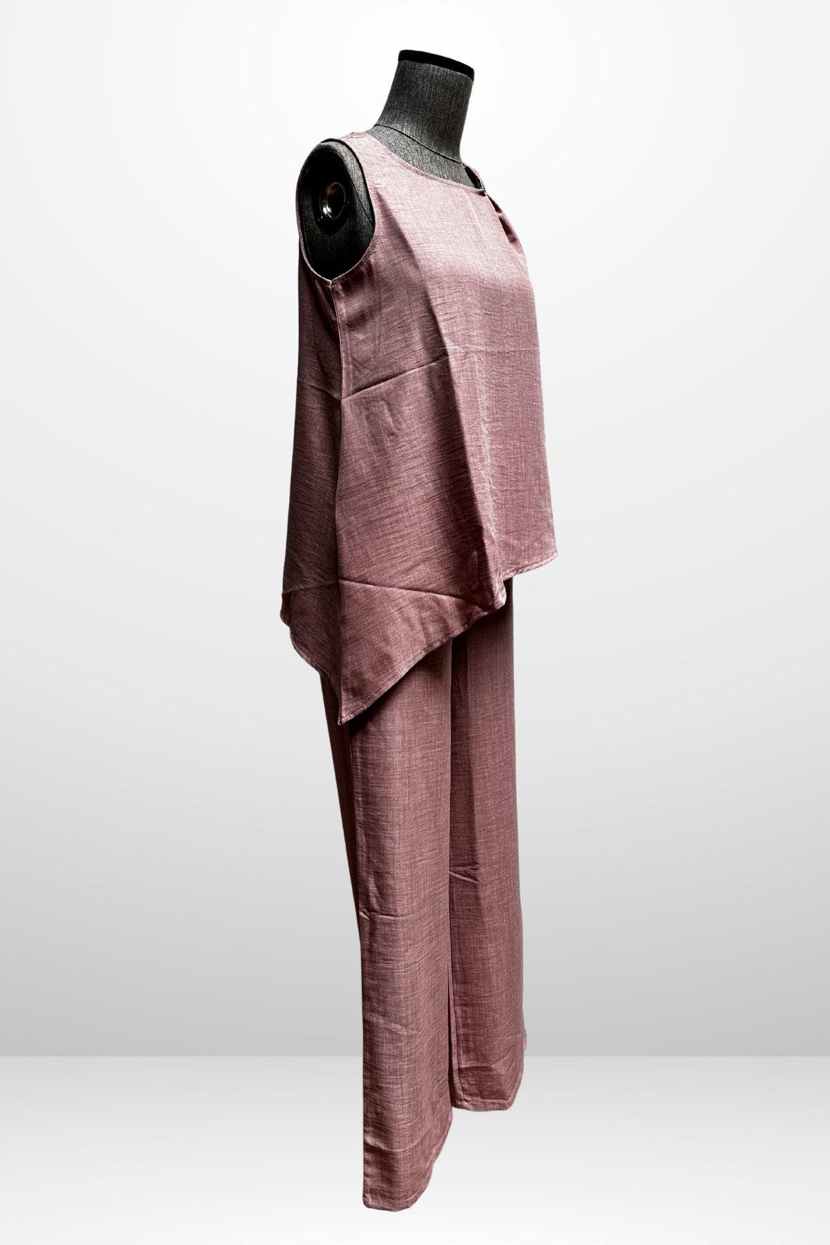 S-25Y4370002Kadın  Toka Detaylı Eteği Asimetrik Bluz Beli Lastikli Cepli Palazzo Pantolon Keten 2'li Takım