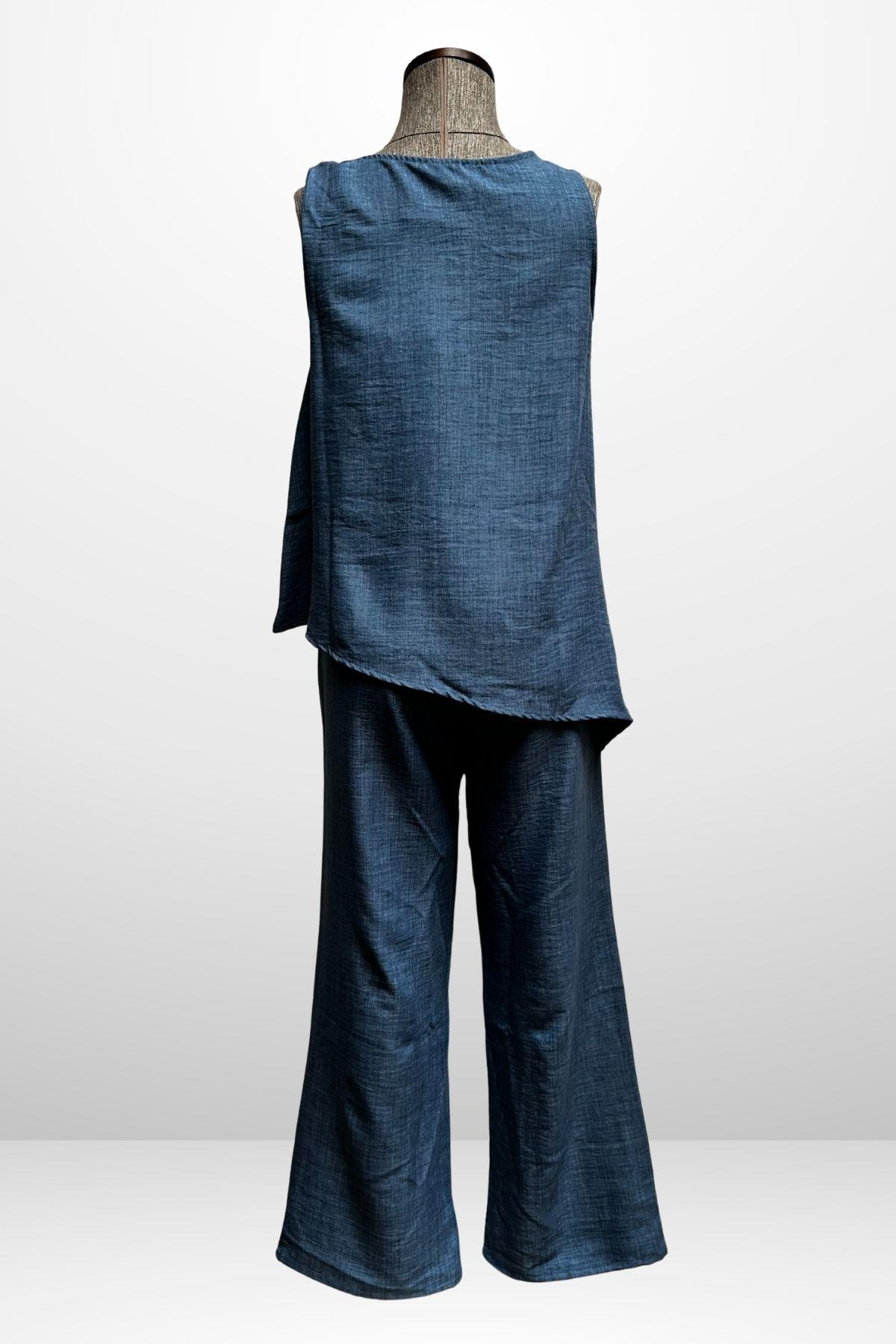 S-25Y4370002Kadın  Toka Detaylı Eteği Asimetrik Bluz Beli Lastikli Cepli Palazzo Pantolon Keten 2'li Takım