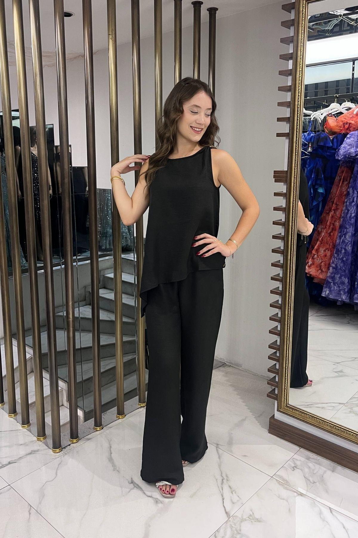 S-25Y4370002Kadın  Toka Detaylı Eteği Asimetrik Bluz Beli Lastikli Cepli Palazzo Pantolon Keten 2'li Takım