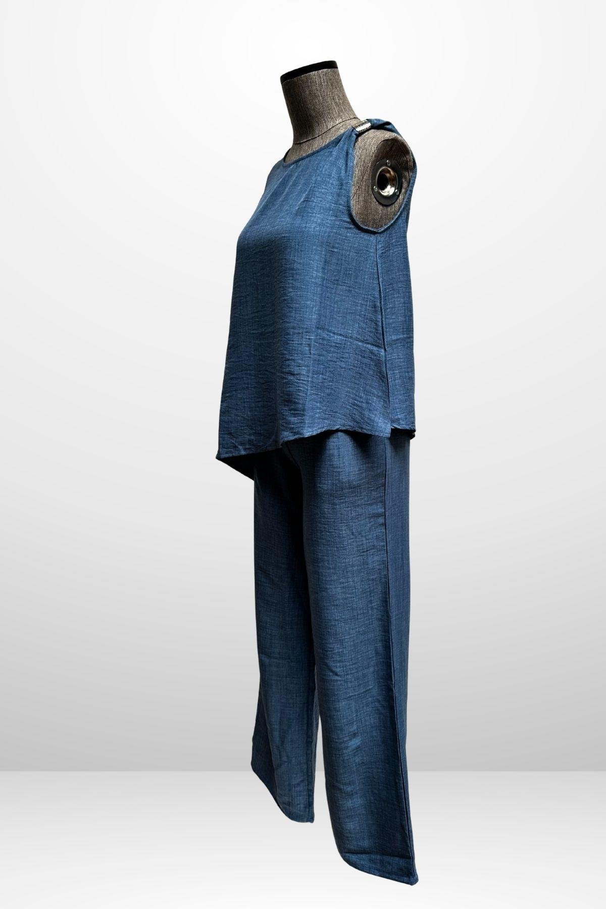 S-25Y4370002Kadın  Toka Detaylı Eteği Asimetrik Bluz Beli Lastikli Cepli Palazzo Pantolon Keten 2'li Takım