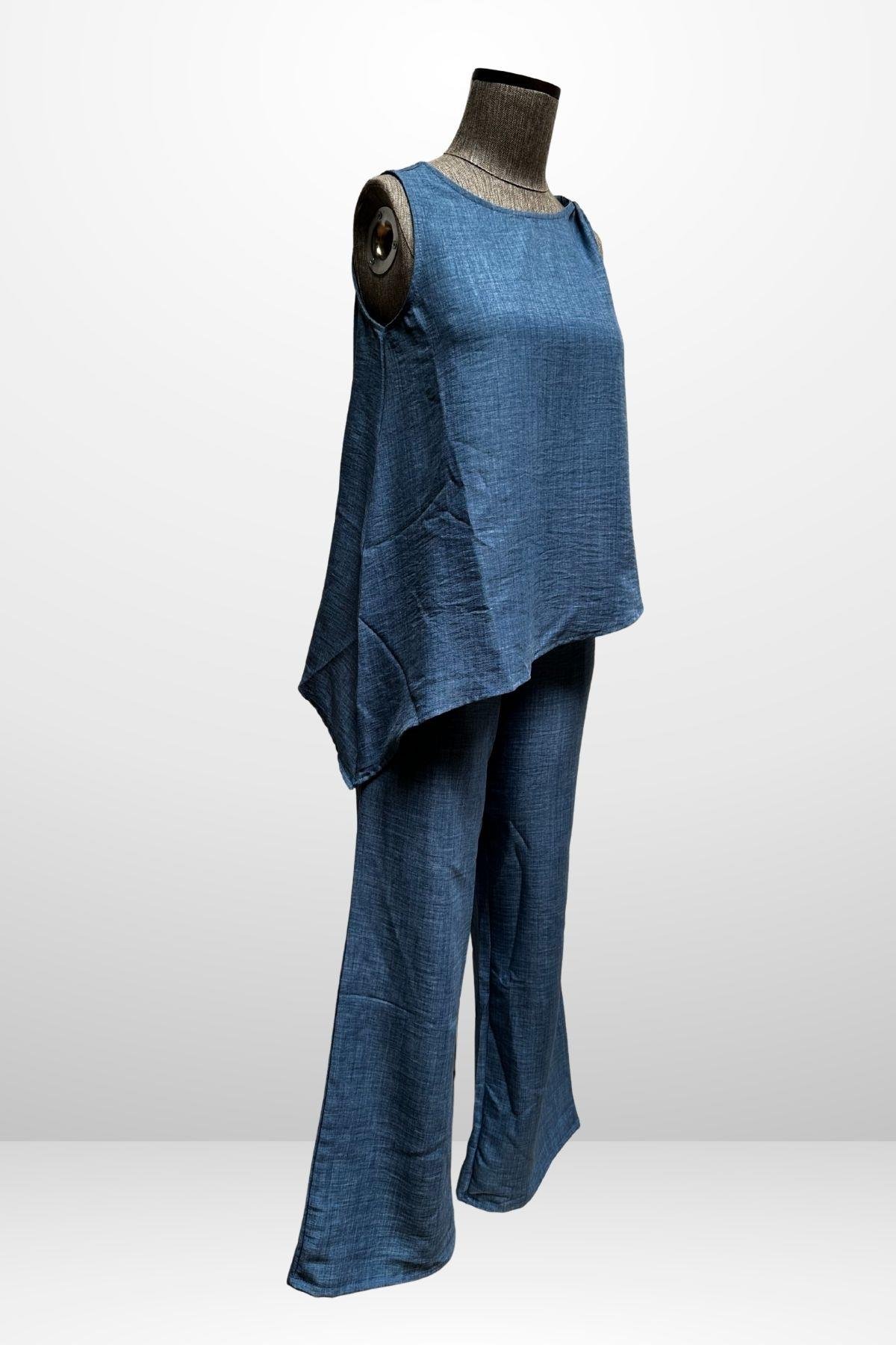 S-25Y4370002Kadın  Toka Detaylı Eteği Asimetrik Bluz Beli Lastikli Cepli Palazzo Pantolon Keten 2'li Takım