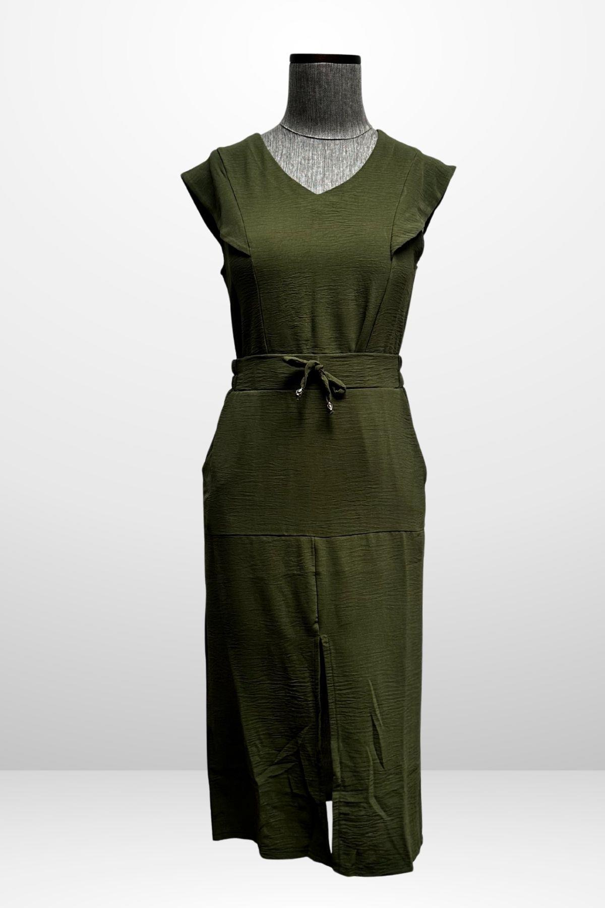 S-25Y4370003Kadın V Yaka Bluz Beli Lastikli Cepli Önü Yırtmaçlı Etek 2'li Takım