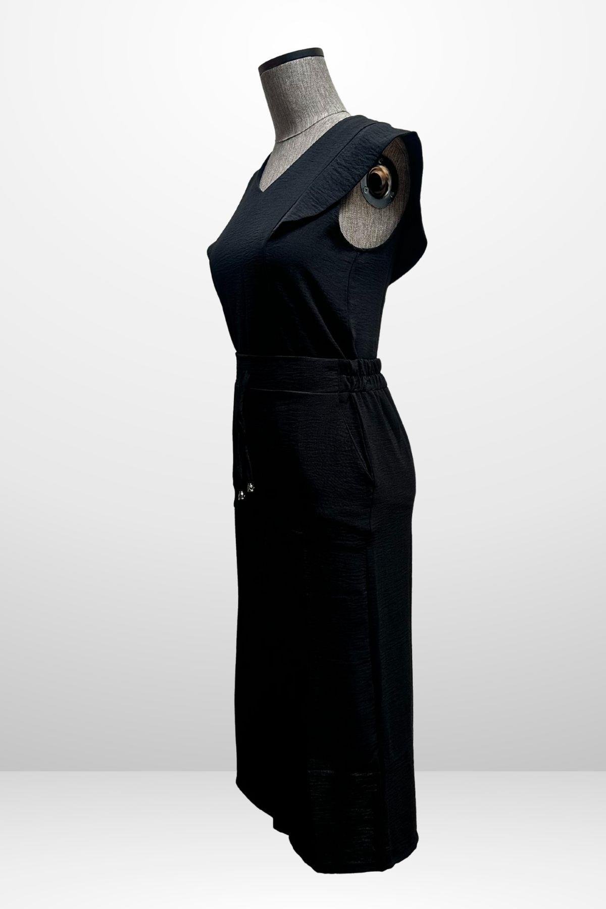 S-25Y4370003Kadın V Yaka Bluz Beli Lastikli Cepli Önü Yırtmaçlı Etek 2'li Takım