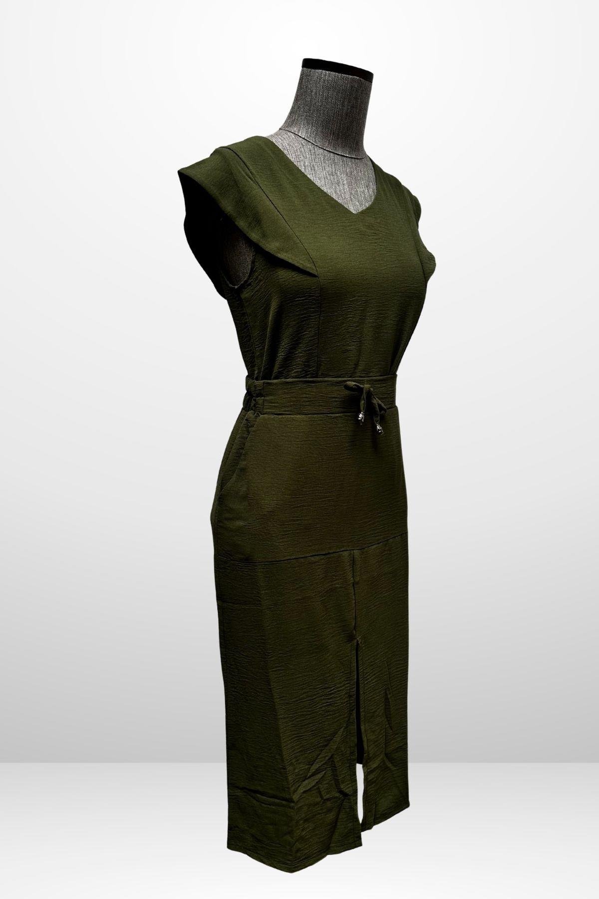 S-25Y4370003Kadın V Yaka Bluz Beli Lastikli Cepli Önü Yırtmaçlı Etek 2'li Takım