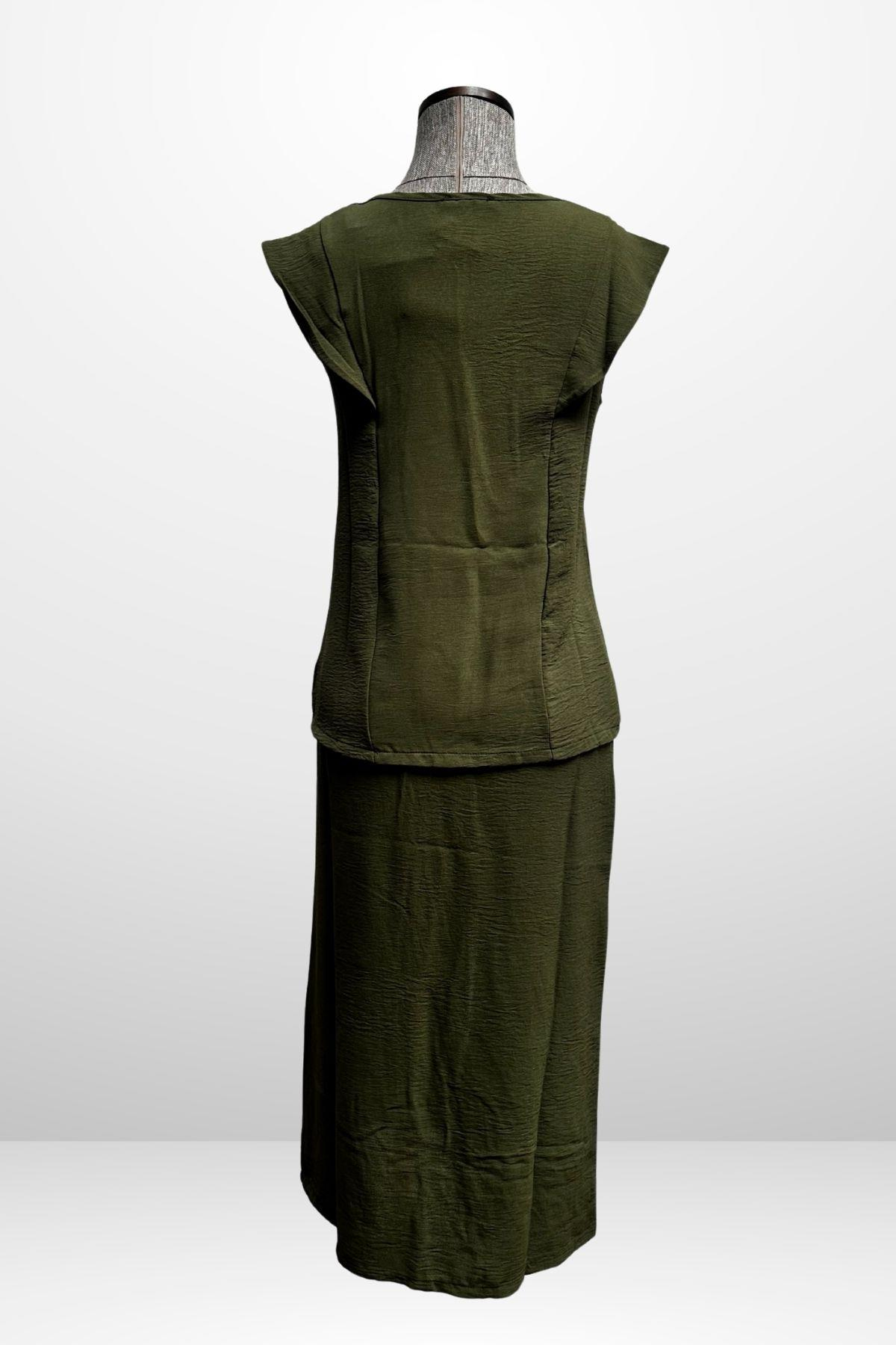 S-25Y4370003Kadın V Yaka Bluz Beli Lastikli Cepli Önü Yırtmaçlı Etek 2'li Takım