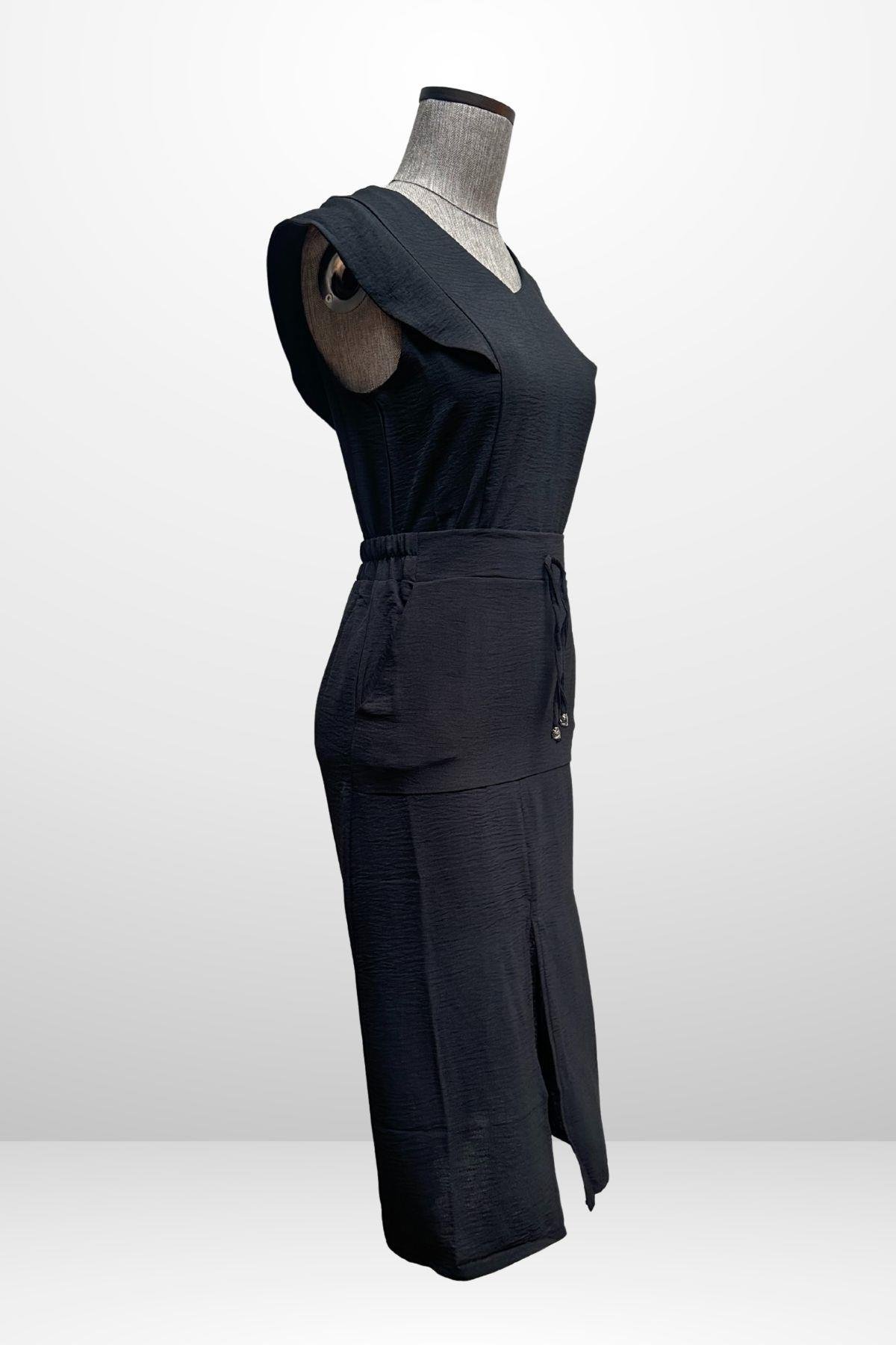 S-25Y4370003Kadın V Yaka Bluz Beli Lastikli Cepli Önü Yırtmaçlı Etek 2'li Takım