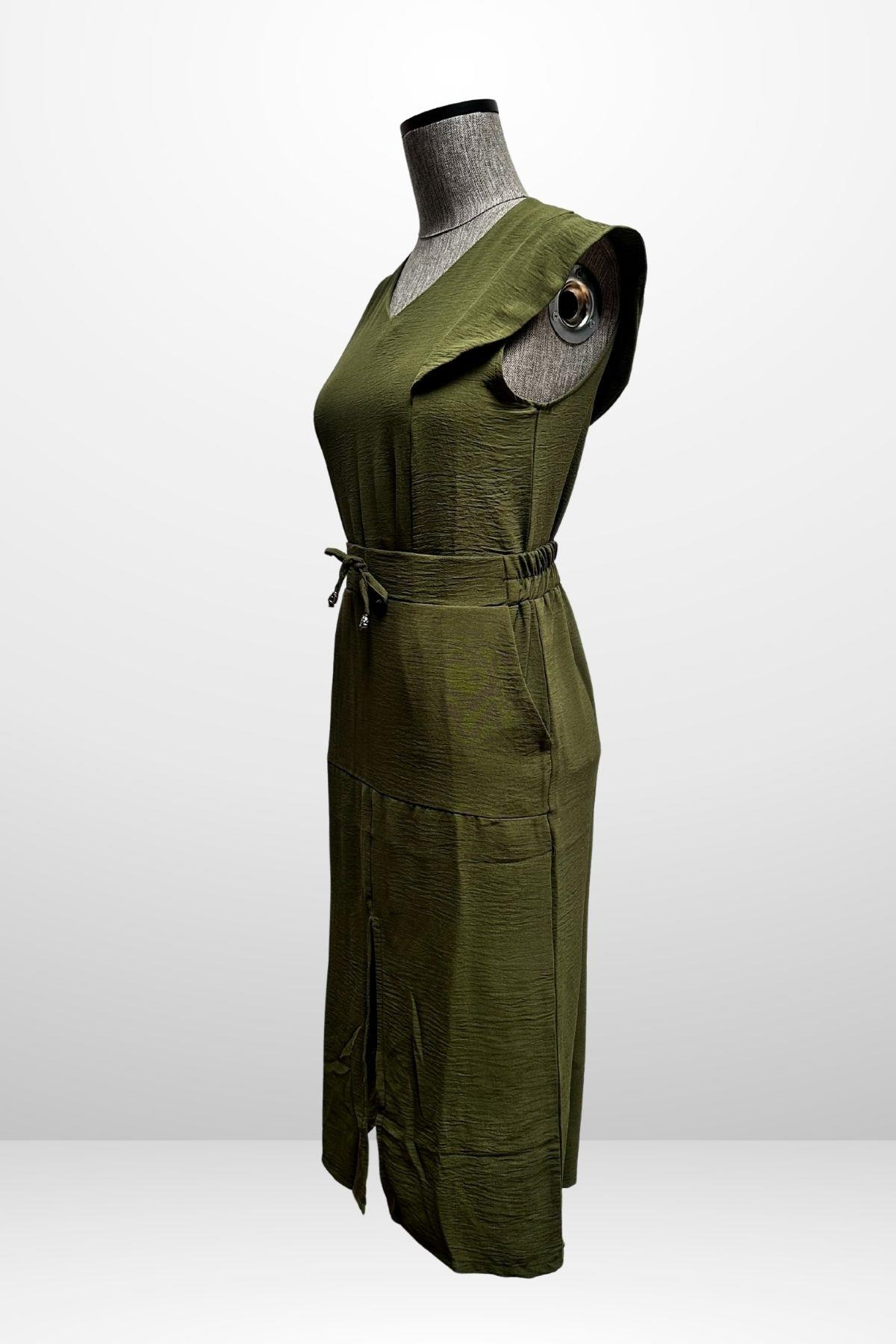 S-25Y4370003Kadın V Yaka Bluz Beli Lastikli Cepli Önü Yırtmaçlı Etek 2'li Takım