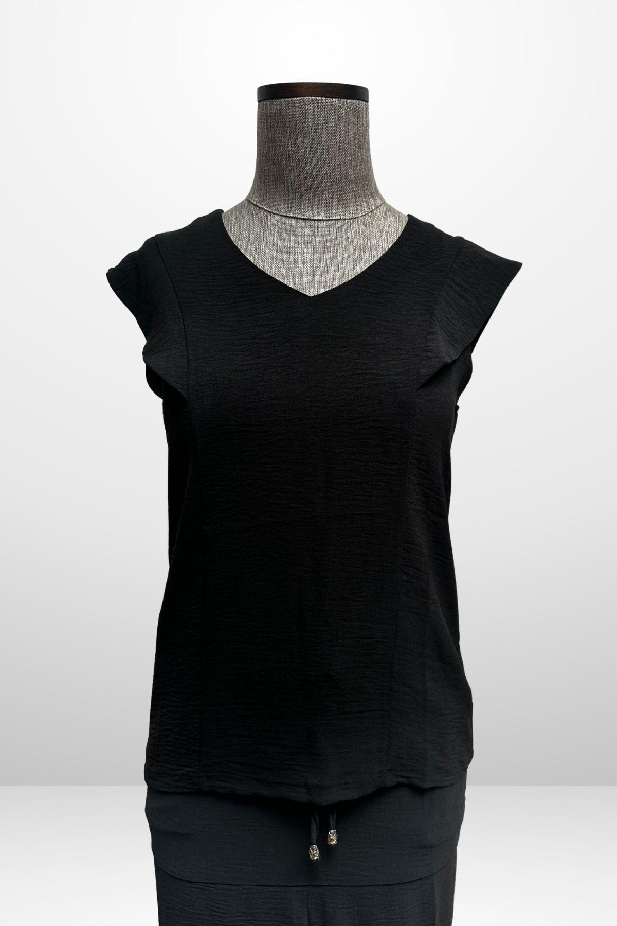 S-25Y4370003Kadın V Yaka Bluz Beli Lastikli Cepli Önü Yırtmaçlı Etek 2'li Takım