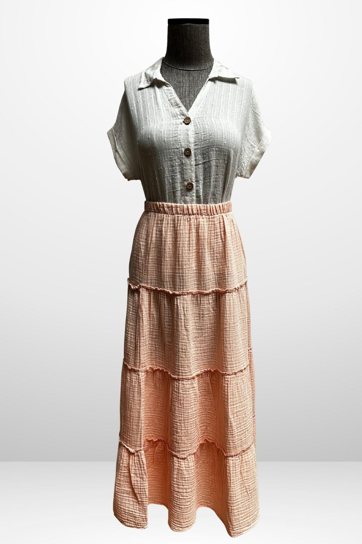 S-25Y4370005Kadın Beli Lastikli Katlı Müslin Uzun Etek