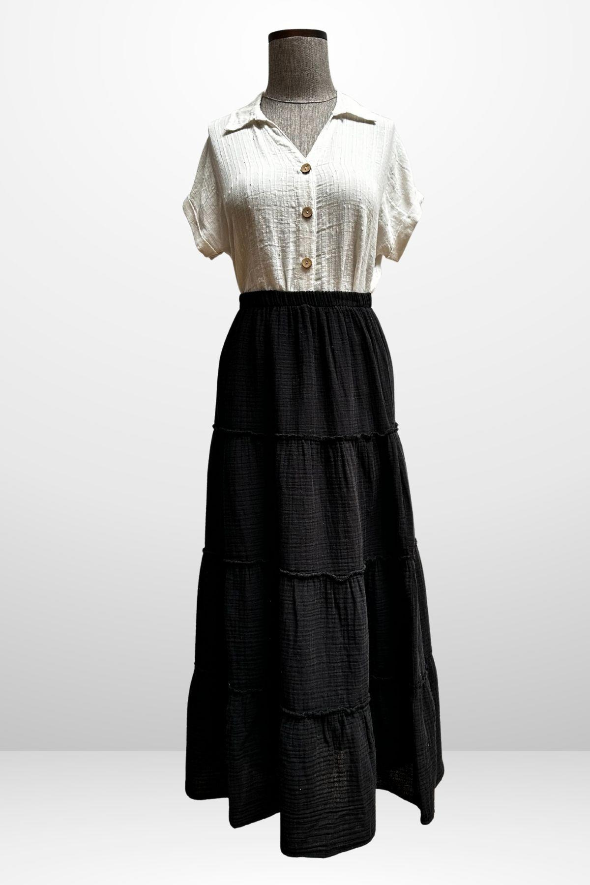 S-25Y4370005Kadın Beli Lastikli Katlı Müslin Uzun Etek