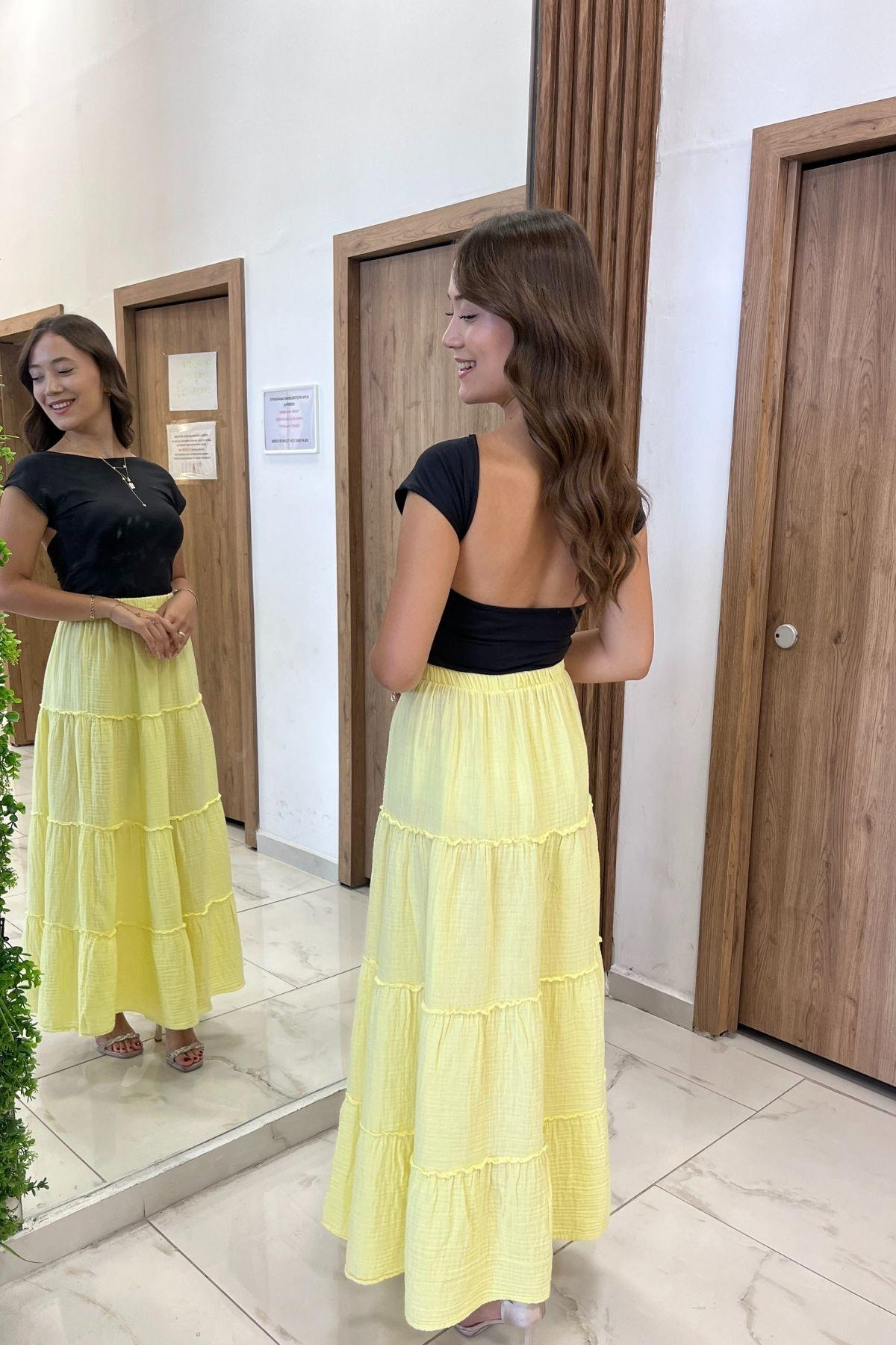 S-25Y4370005Kadın Beli Lastikli Katlı Müslin Uzun Etek