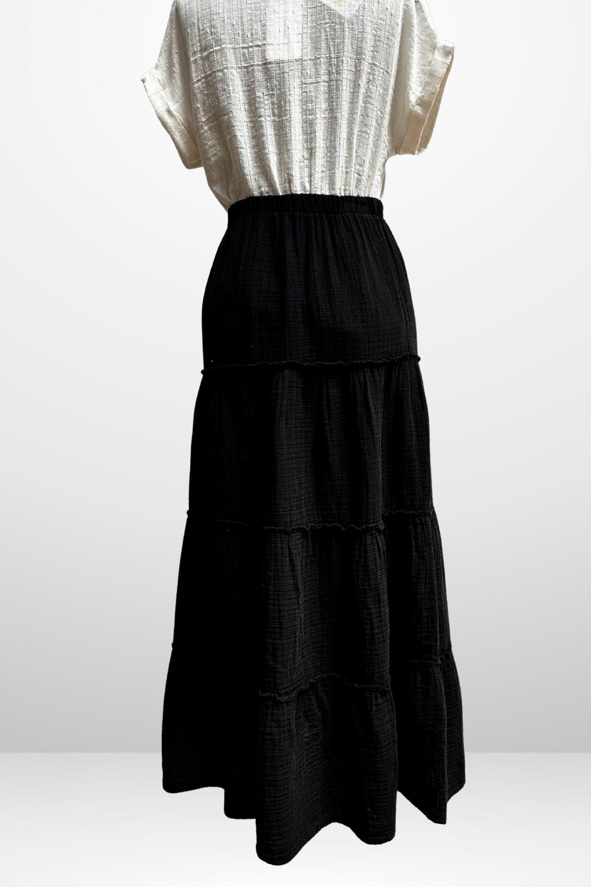 S-25Y4370005Kadın Beli Lastikli Katlı Müslin Uzun Etek