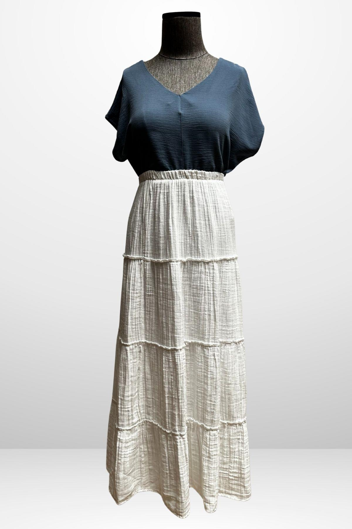 S-25Y4370005Kadın Beli Lastikli Katlı Müslin Uzun Etek