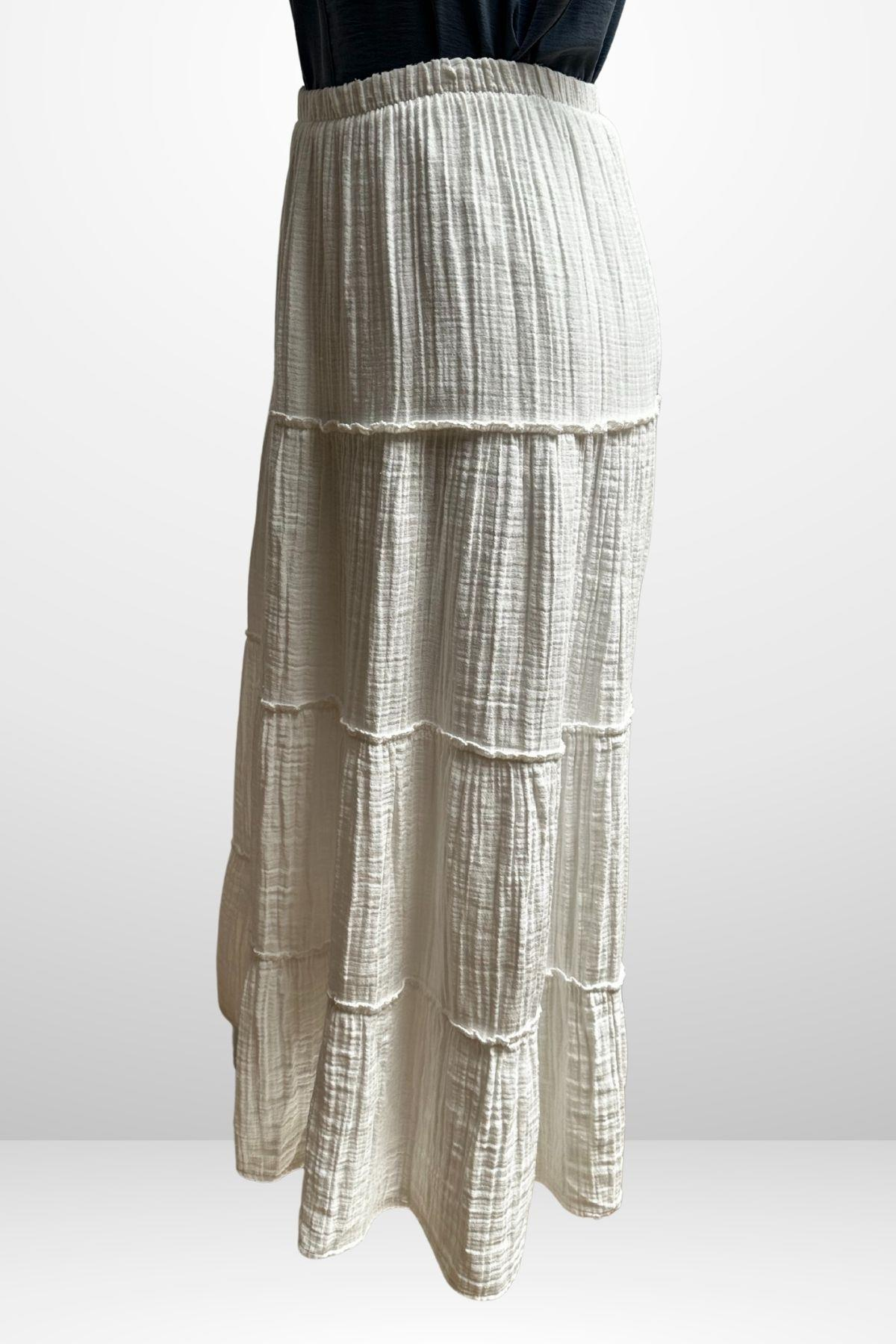 S-25Y4370005Kadın Beli Lastikli Katlı Müslin Uzun Etek