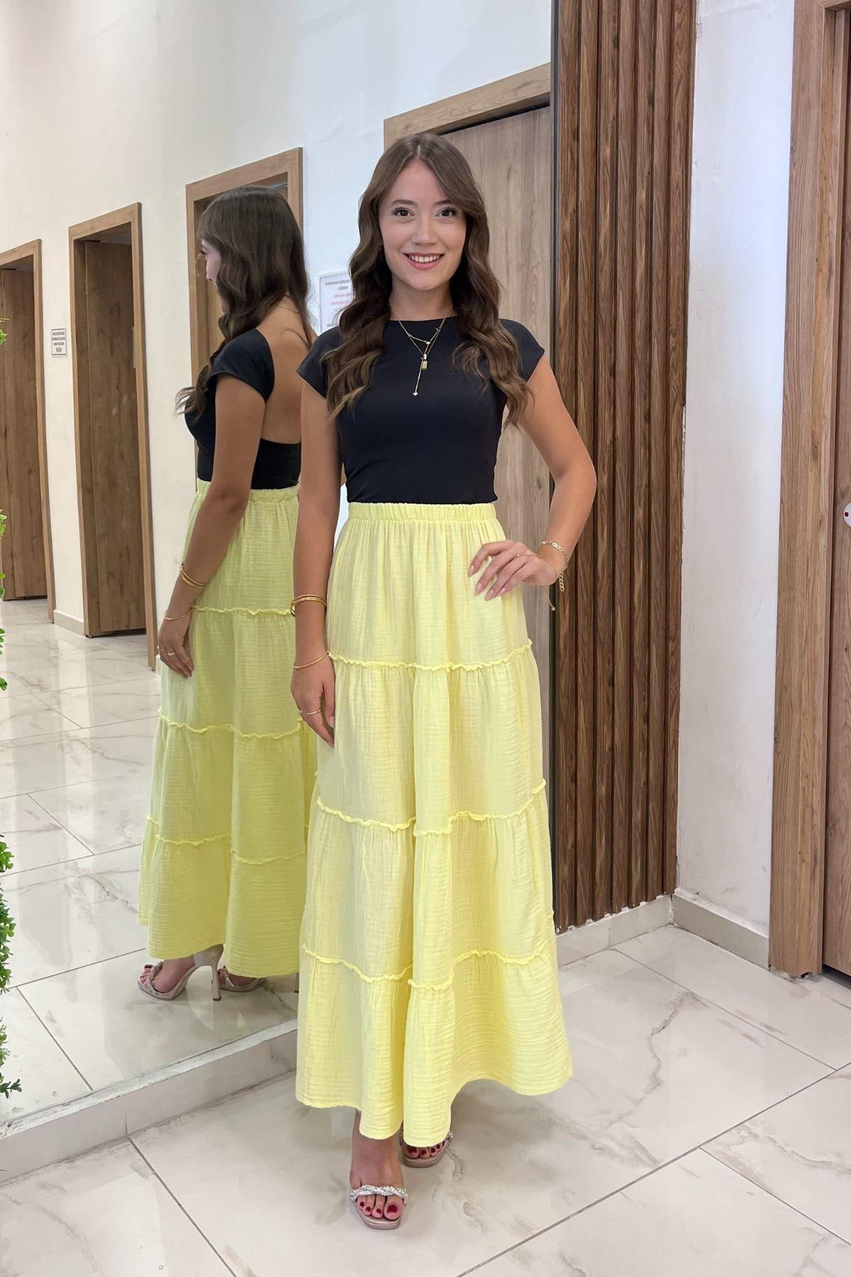 S-25Y4370005Kadın Beli Lastikli Katlı Müslin Uzun Etek