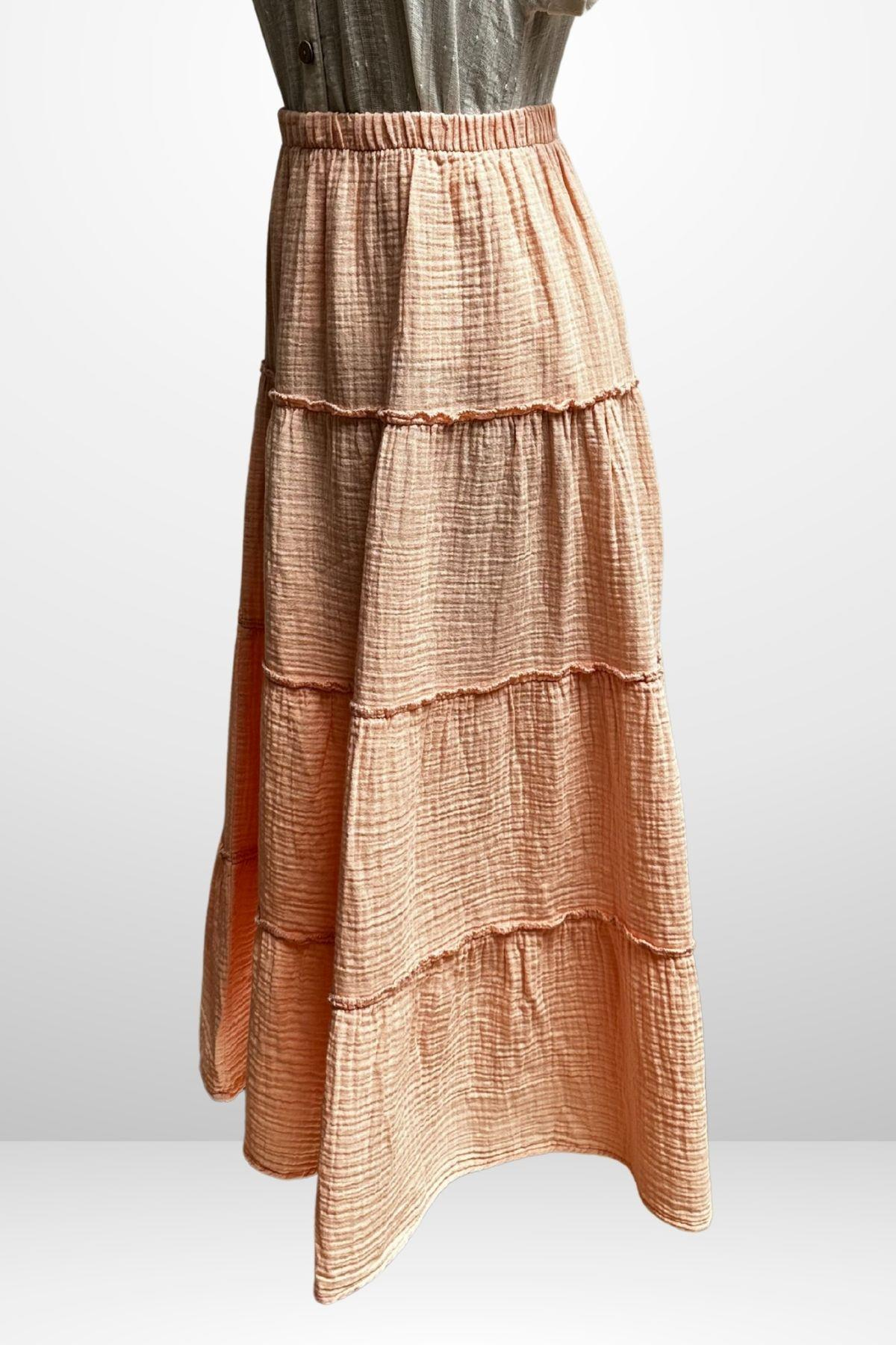 S-25Y4370005Kadın Beli Lastikli Katlı Müslin Uzun Etek