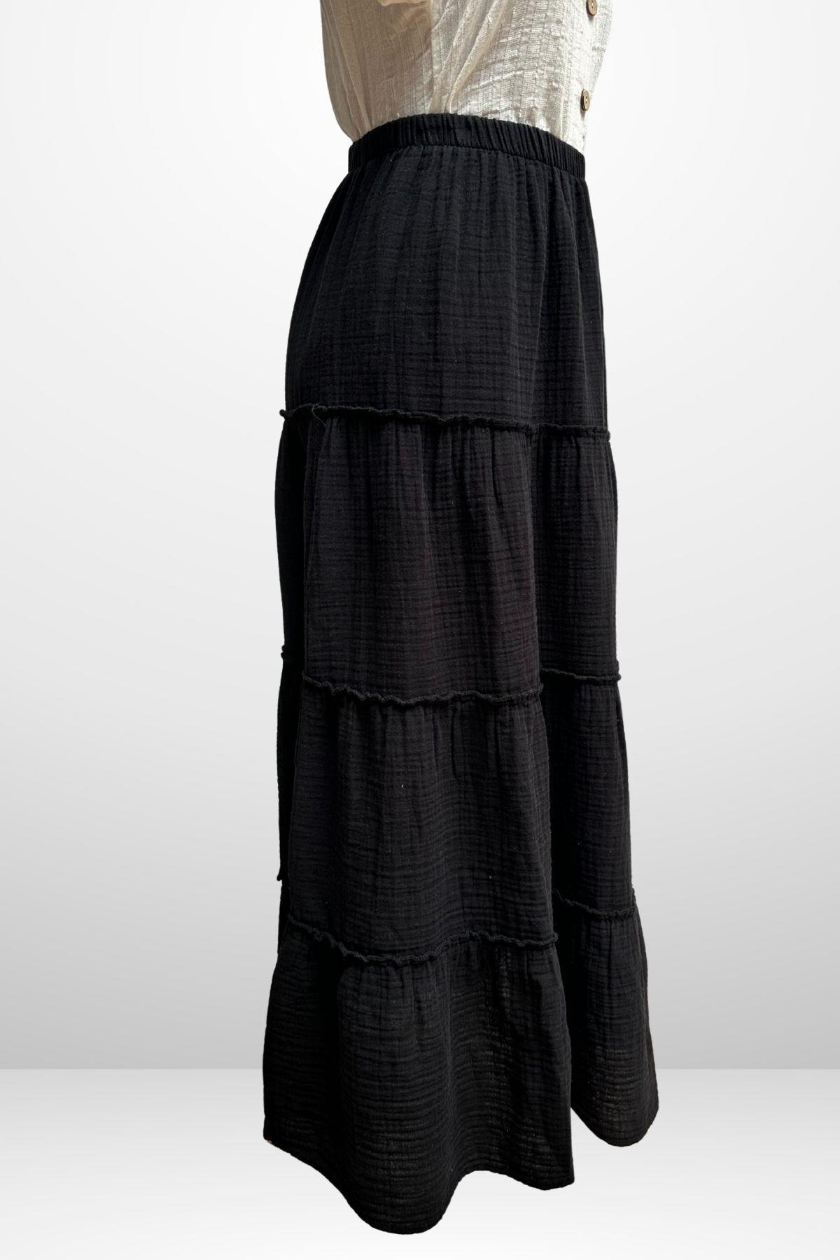 S-25Y4370005Kadın Beli Lastikli Katlı Müslin Uzun Etek