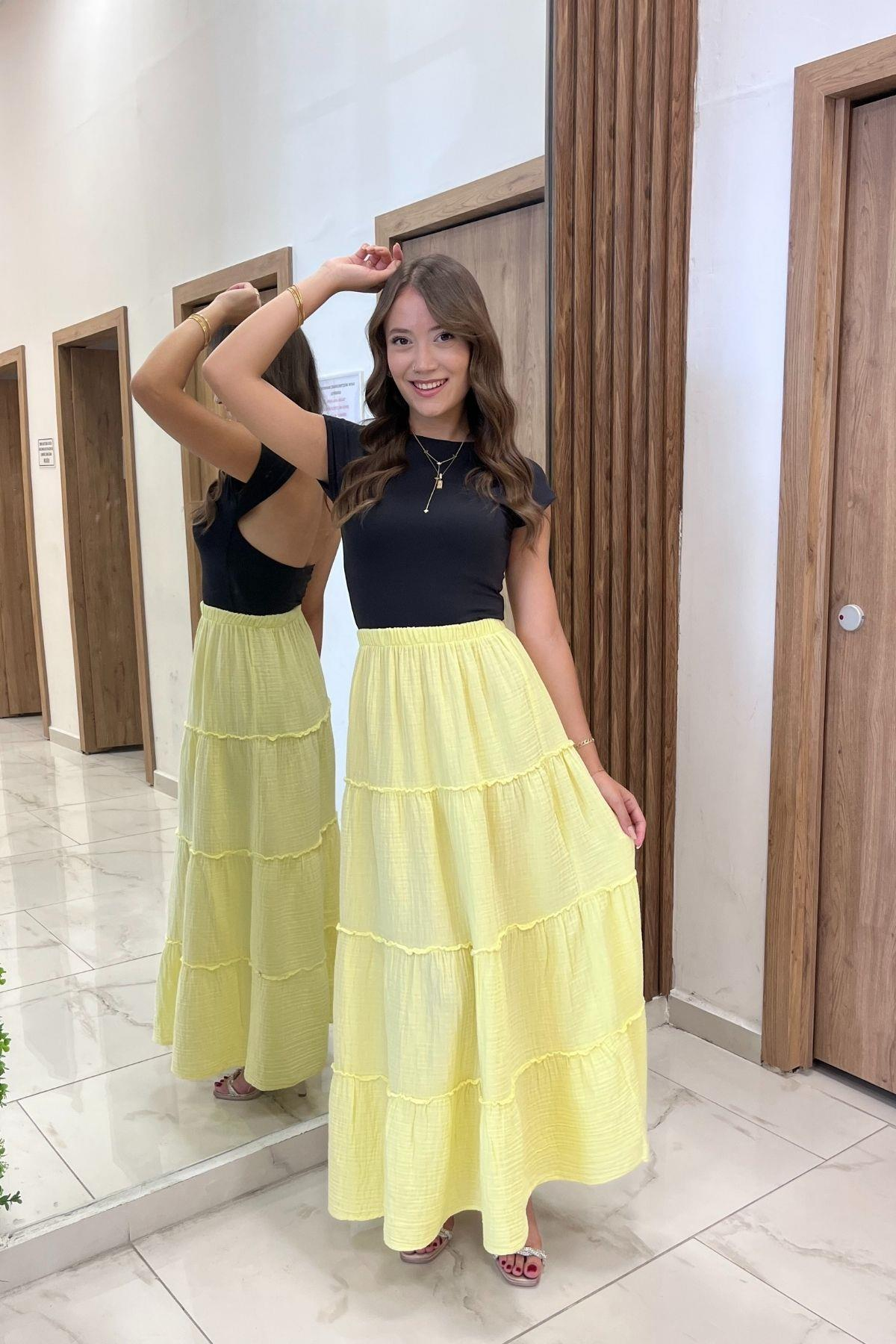 S-25Y4370005Kadın Beli Lastikli Katlı Müslin Uzun Etek