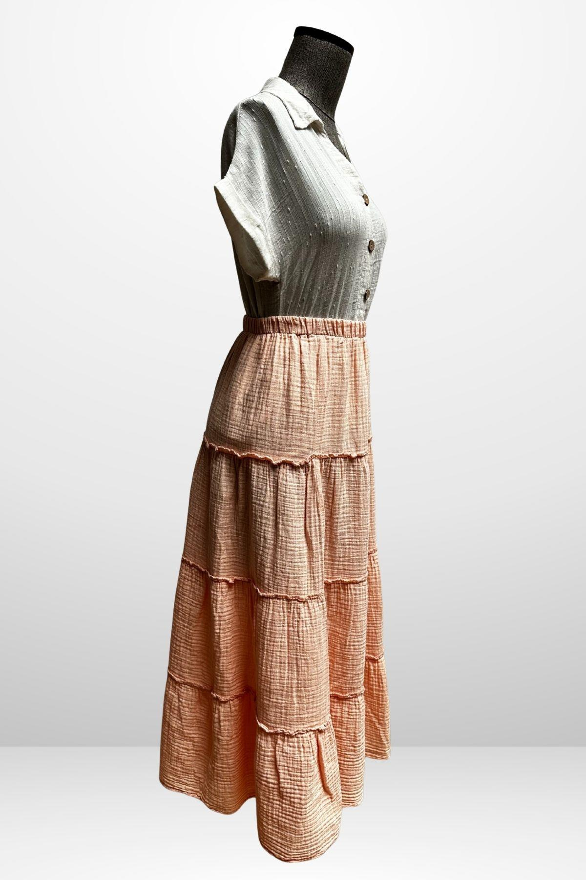 S-25Y4370005Kadın Beli Lastikli Katlı Müslin Uzun Etek