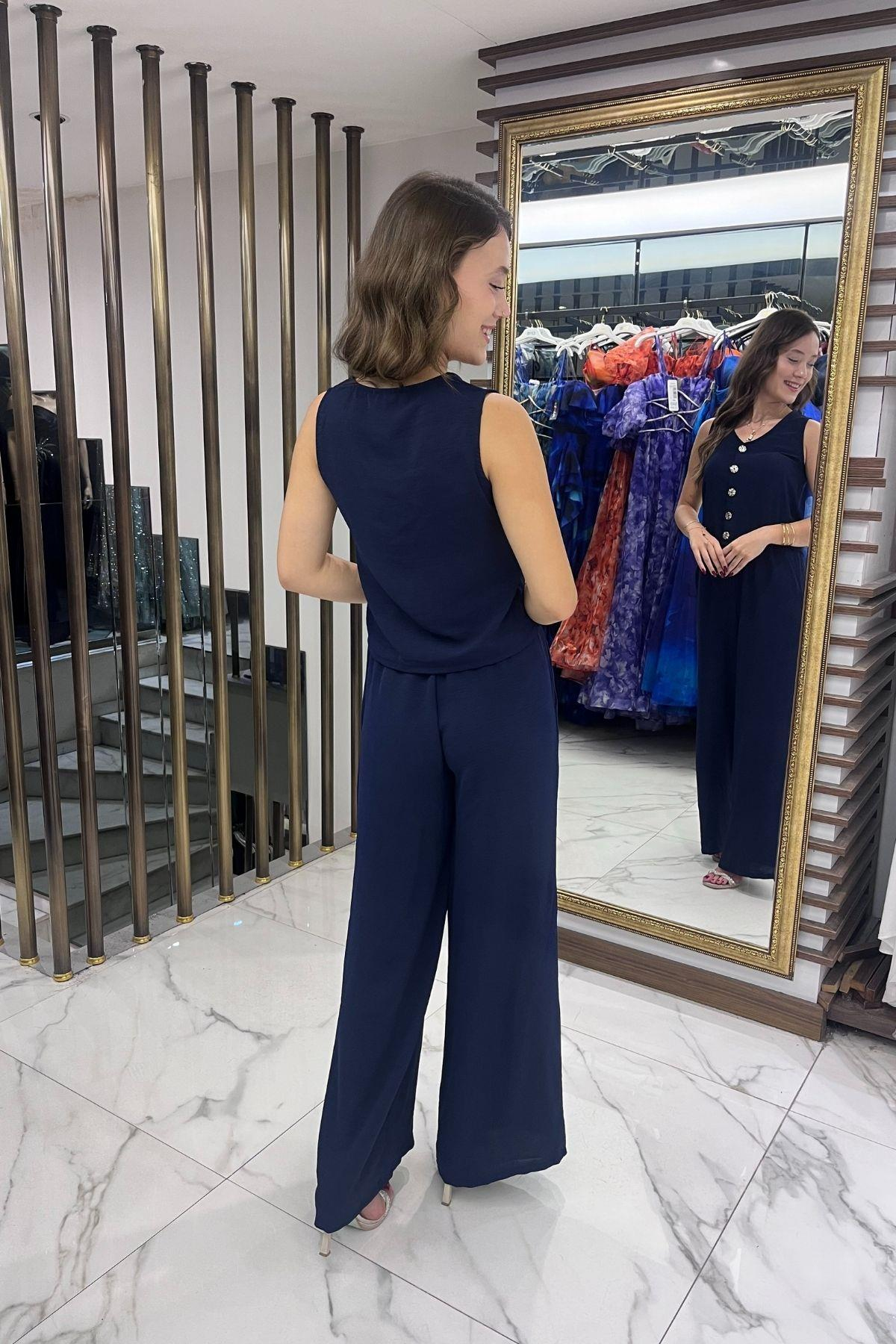 S-25Y4370008Kadın V Yaka Önü Düğmeli Bluz Beli Lastikli Cepli Palazzo Pantolon Ayrobin 2'li Takım