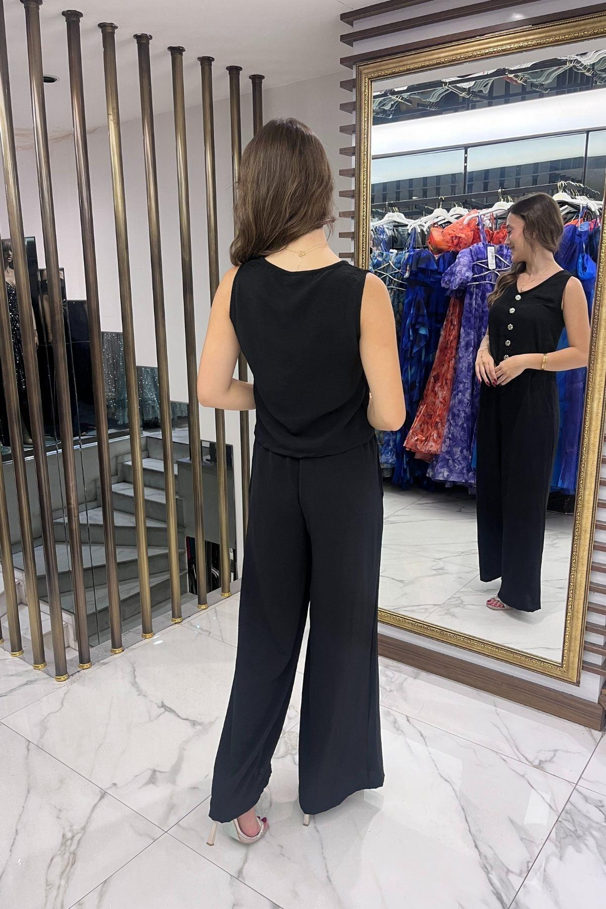 S-25Y4370008Kadın V Yaka Önü Düğmeli Bluz Beli Lastikli Cepli Palazzo Pantolon Ayrobin 2'li Takım