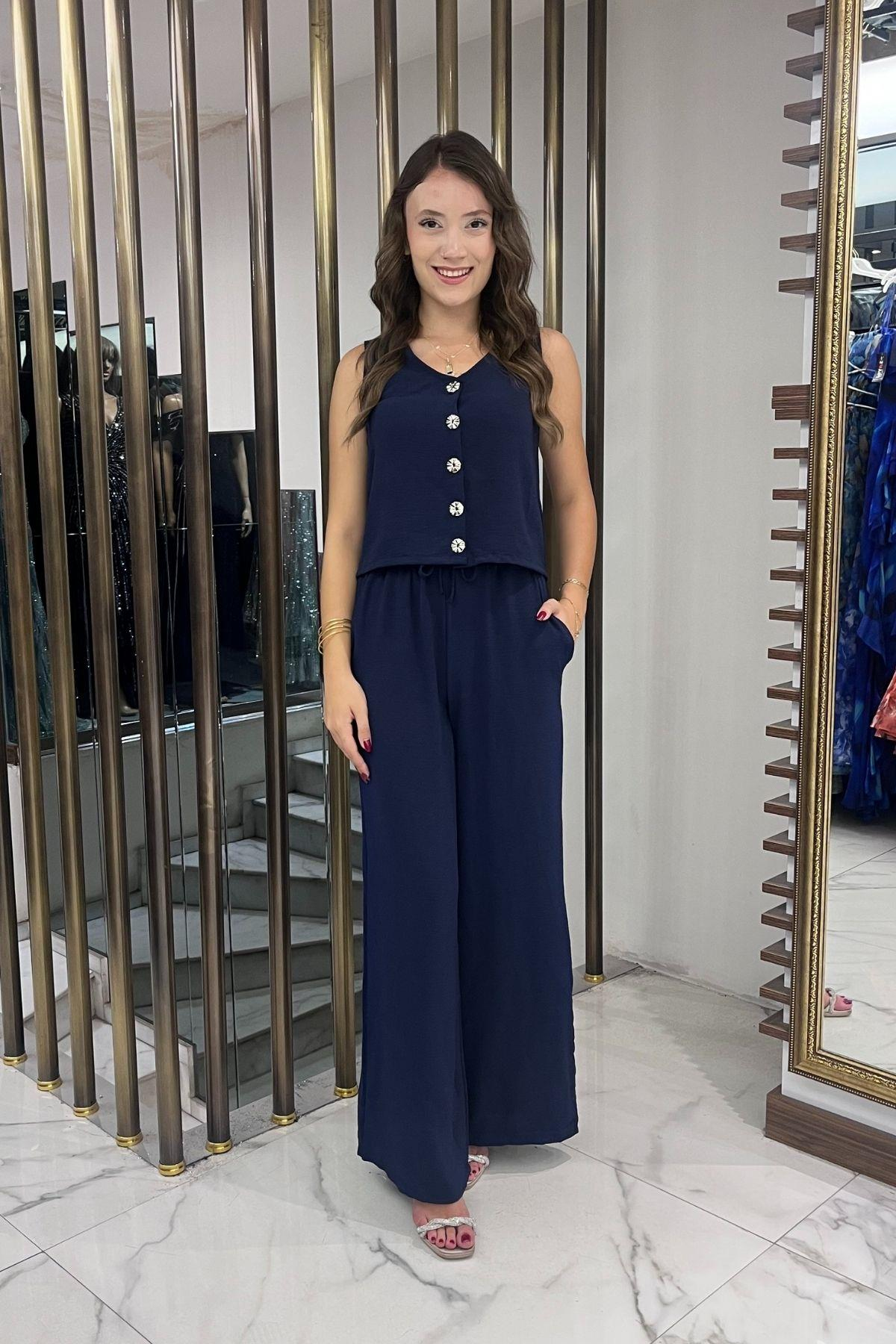 S-25Y4370008Kadın V Yaka Önü Düğmeli Bluz Beli Lastikli Cepli Palazzo Pantolon Ayrobin 2'li Takım