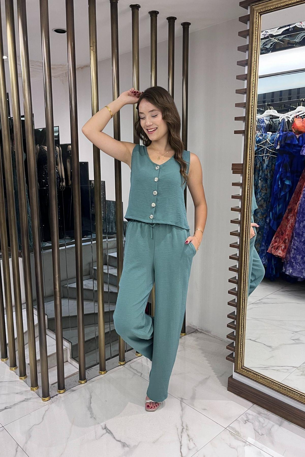 S-25Y4370008Kadın V Yaka Önü Düğmeli Bluz Beli Lastikli Cepli Palazzo Pantolon Ayrobin 2'li Takım