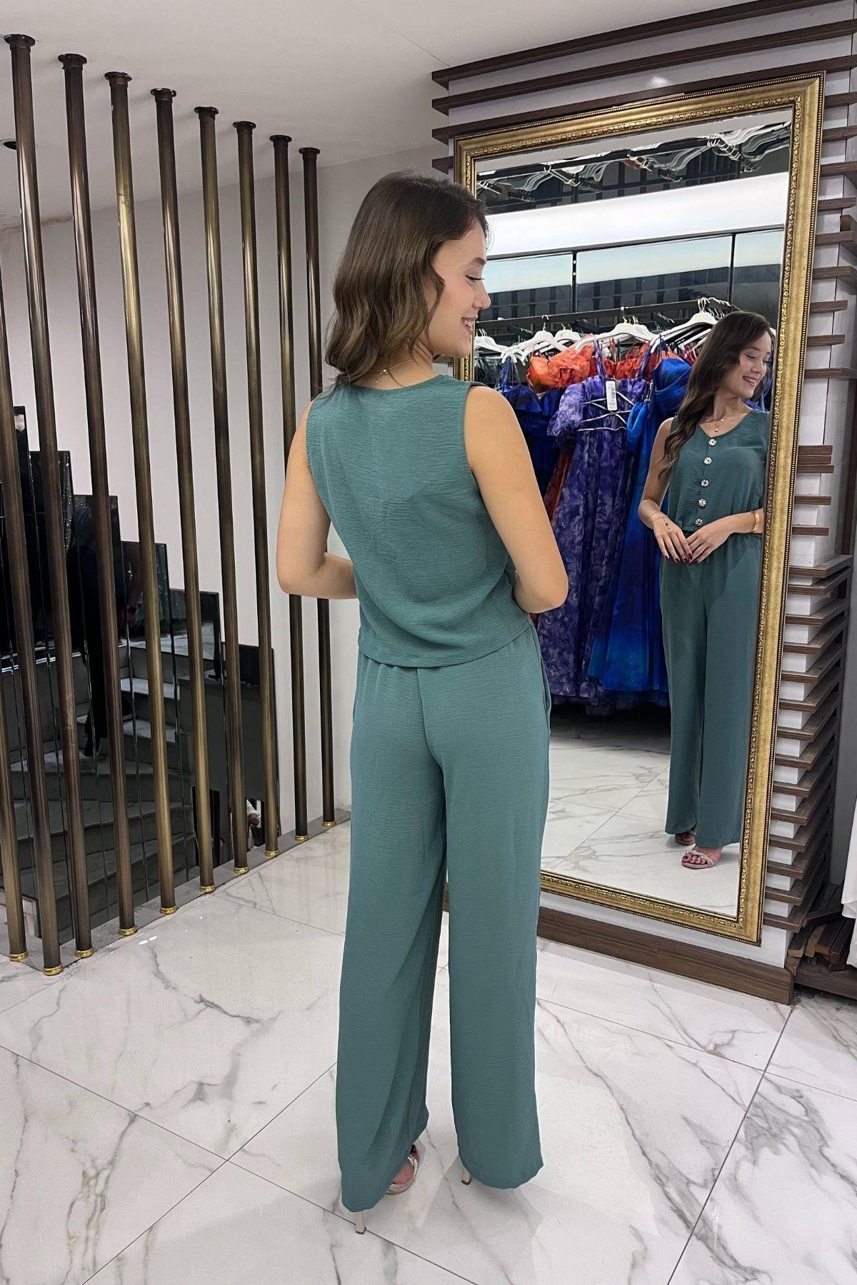 S-25Y4370008Kadın V Yaka Önü Düğmeli Bluz Beli Lastikli Cepli Palazzo Pantolon Ayrobin 2'li Takım