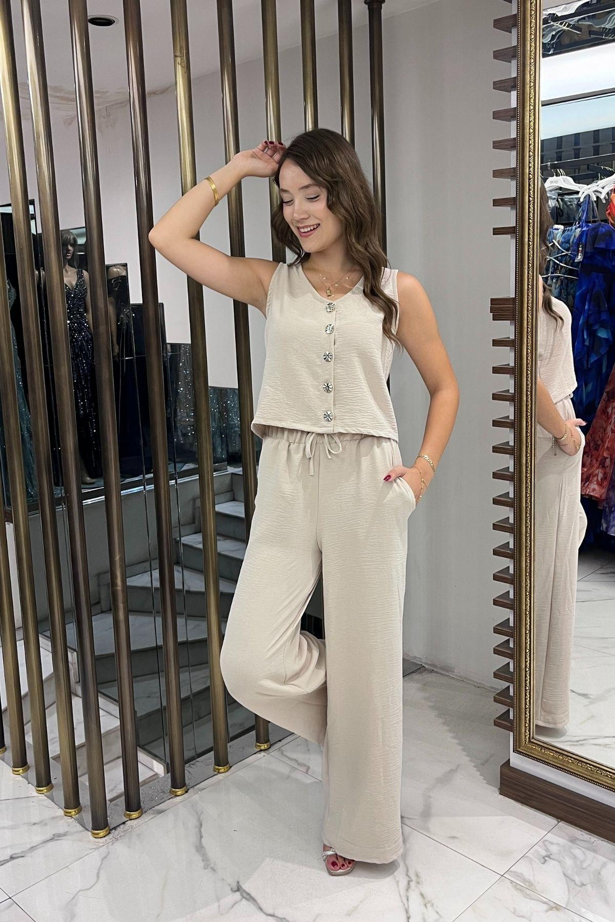 S-25Y4370008Kadın V Yaka Önü Düğmeli Bluz Beli Lastikli Cepli Palazzo Pantolon Ayrobin 2'li Takım