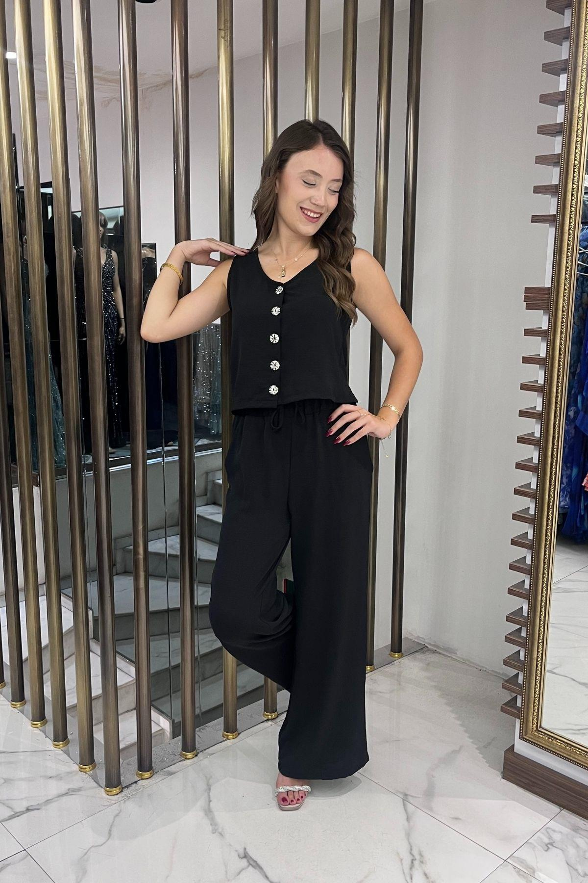 S-25Y4370008Kadın V Yaka Önü Düğmeli Bluz Beli Lastikli Cepli Palazzo Pantolon Ayrobin 2'li Takım