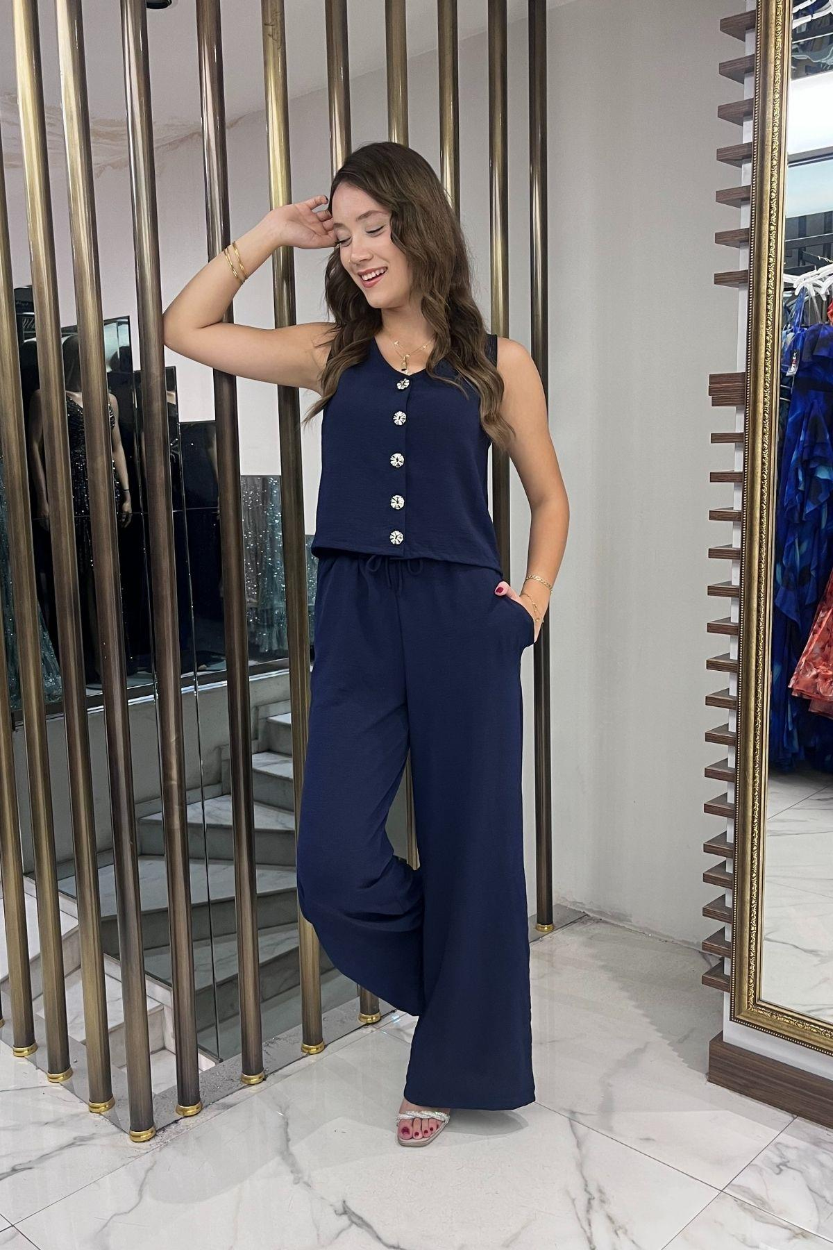 S-25Y4370008Kadın V Yaka Önü Düğmeli Bluz Beli Lastikli Cepli Palazzo Pantolon Ayrobin 2'li Takım