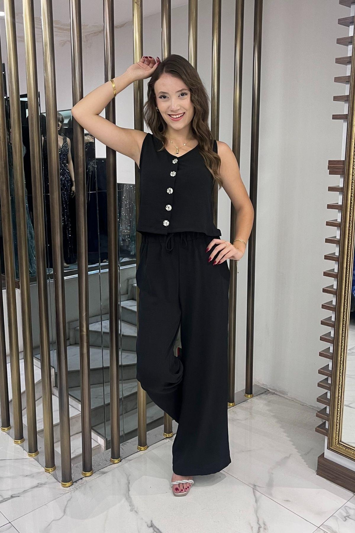 S-25Y4370008Kadın V Yaka Önü Düğmeli Bluz Beli Lastikli Cepli Palazzo Pantolon Ayrobin 2'li Takım