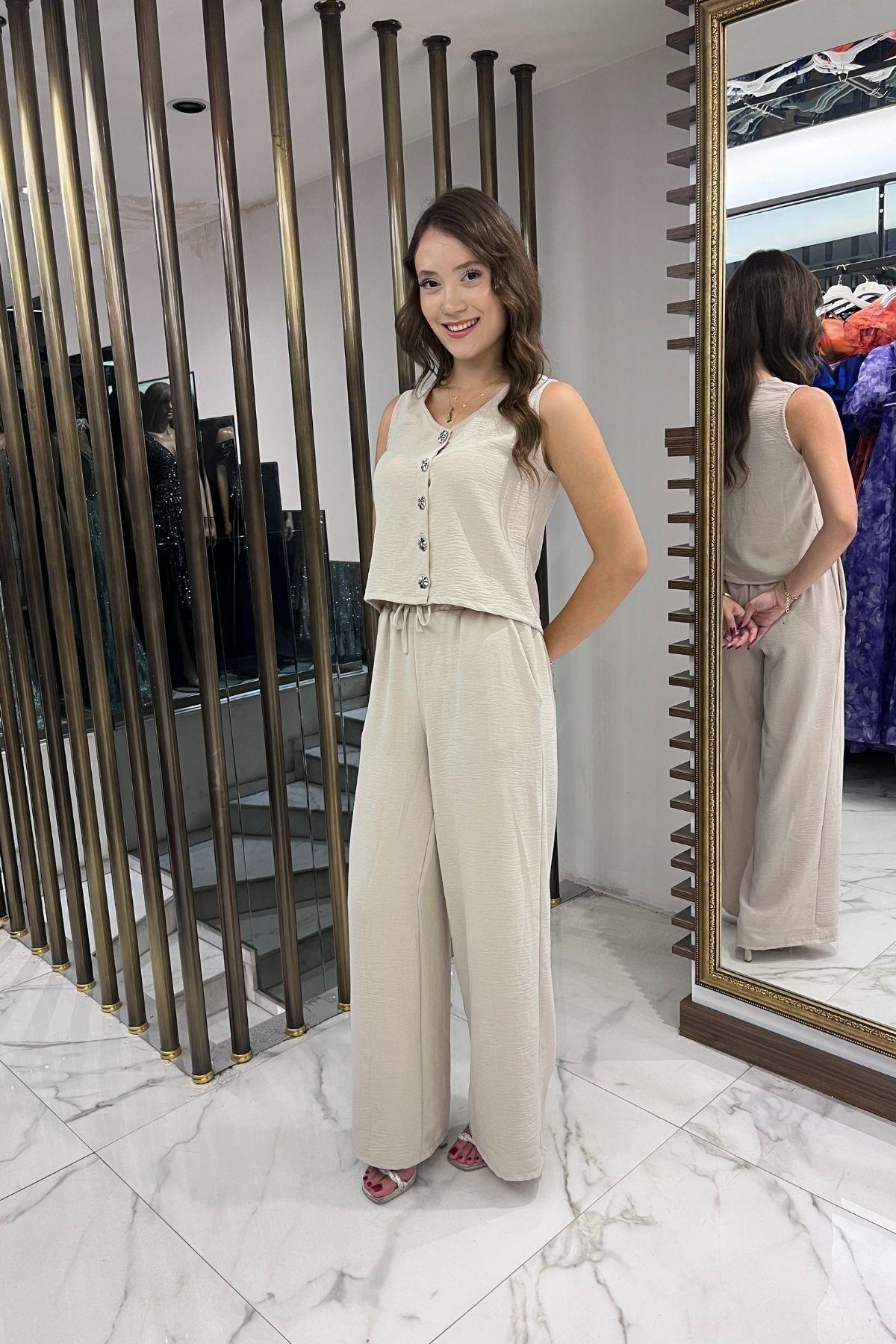 S-25Y4370008Kadın V Yaka Önü Düğmeli Bluz Beli Lastikli Cepli Palazzo Pantolon Ayrobin 2'li Takım