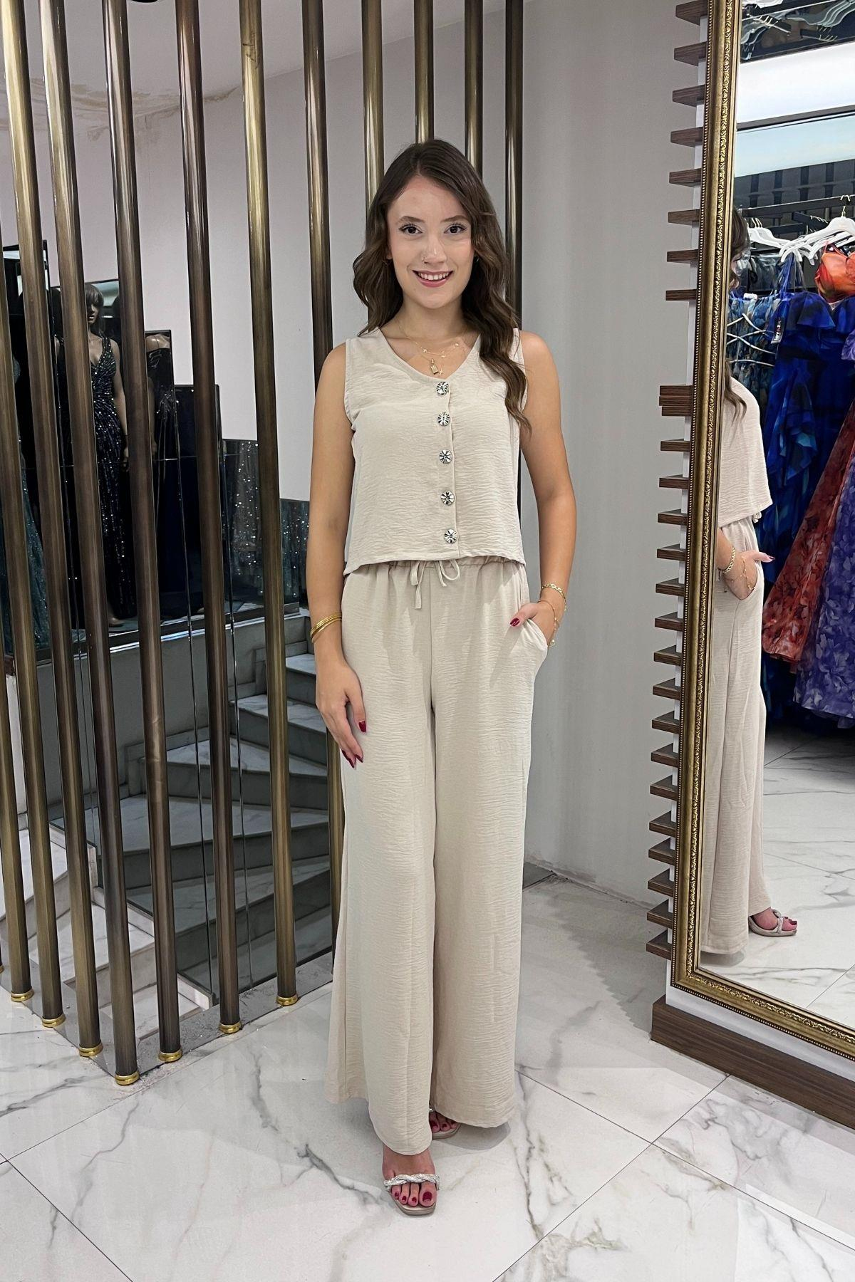 S-25Y4370008Kadın V Yaka Önü Düğmeli Bluz Beli Lastikli Cepli Palazzo Pantolon Ayrobin 2'li Takım