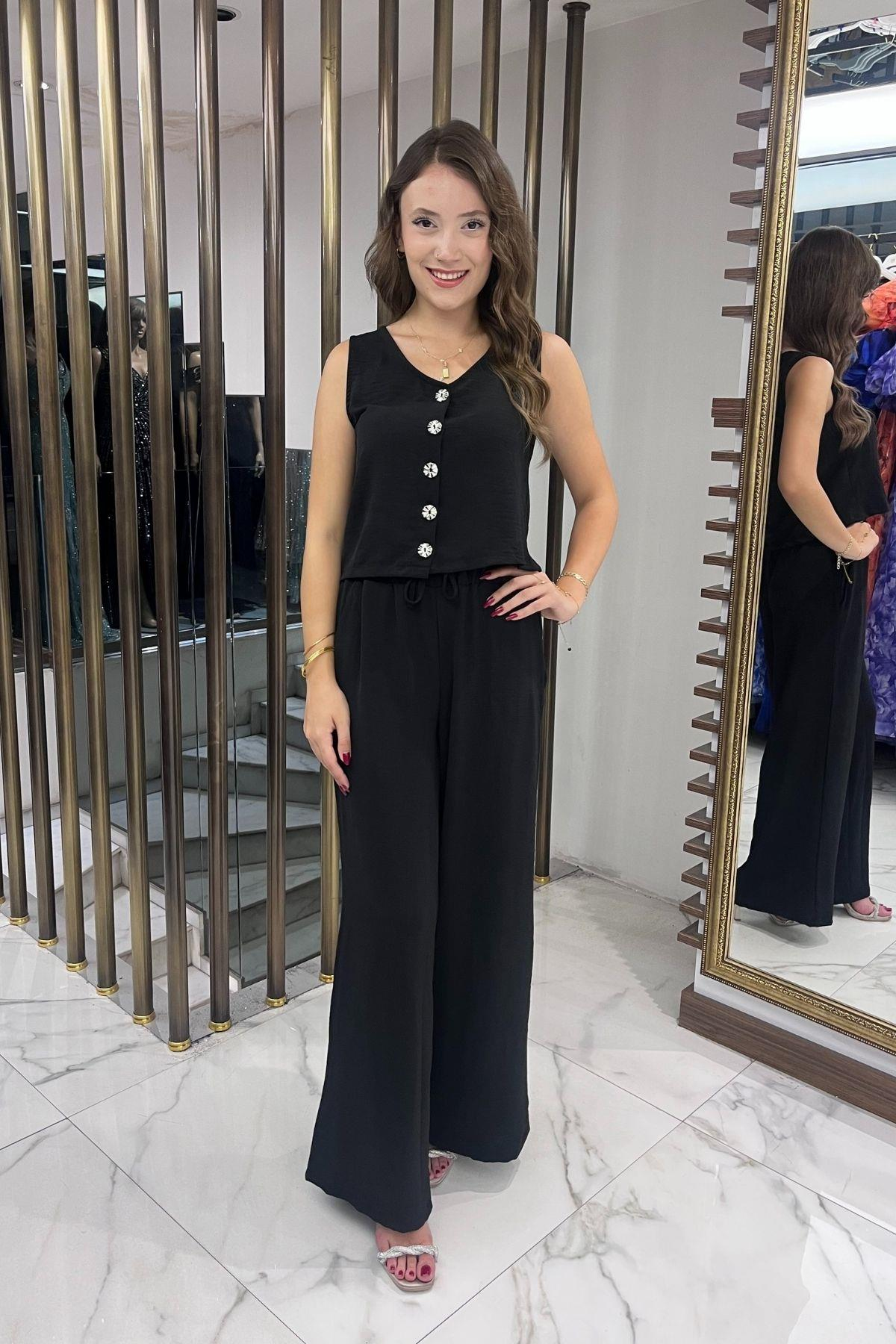 S-25Y4370008Kadın V Yaka Önü Düğmeli Bluz Beli Lastikli Cepli Palazzo Pantolon Ayrobin 2'li Takım