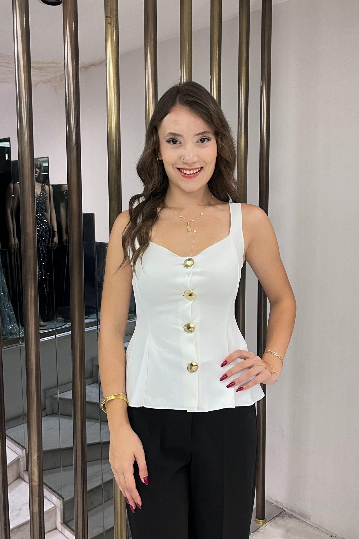 S-25Y4370009Kadın Kalın Askılı Gold Düğmeli Eteği Volanlı Likralı Dalgıç Bluz