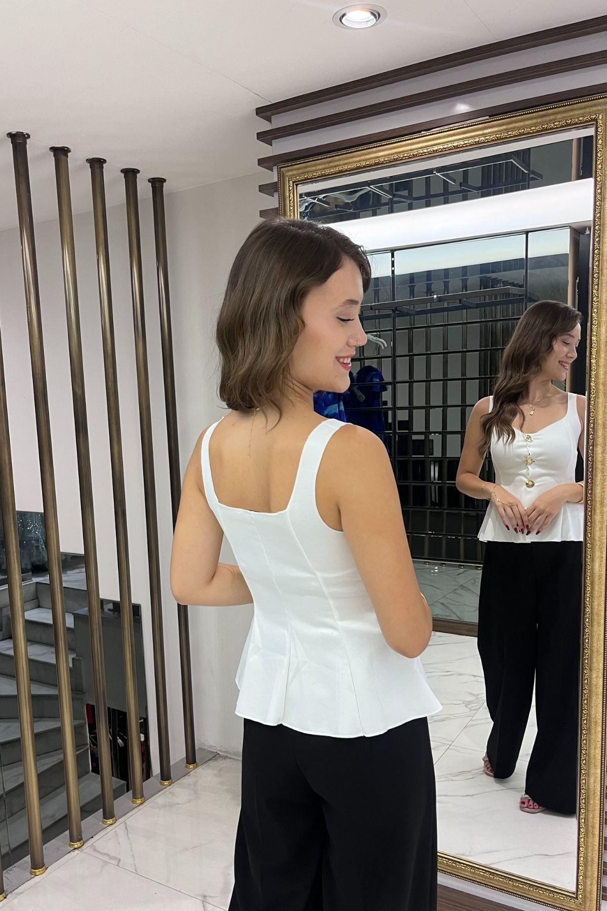 S-25Y4370009Kadın Kalın Askılı Gold Düğmeli Eteği Volanlı Likralı Dalgıç Bluz