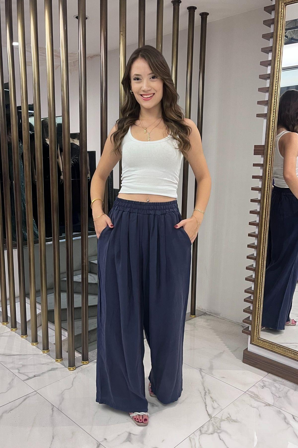 S-25Y4370010Kadın Beli Lastikli Cepli Lyocell Palazzo Pantolon