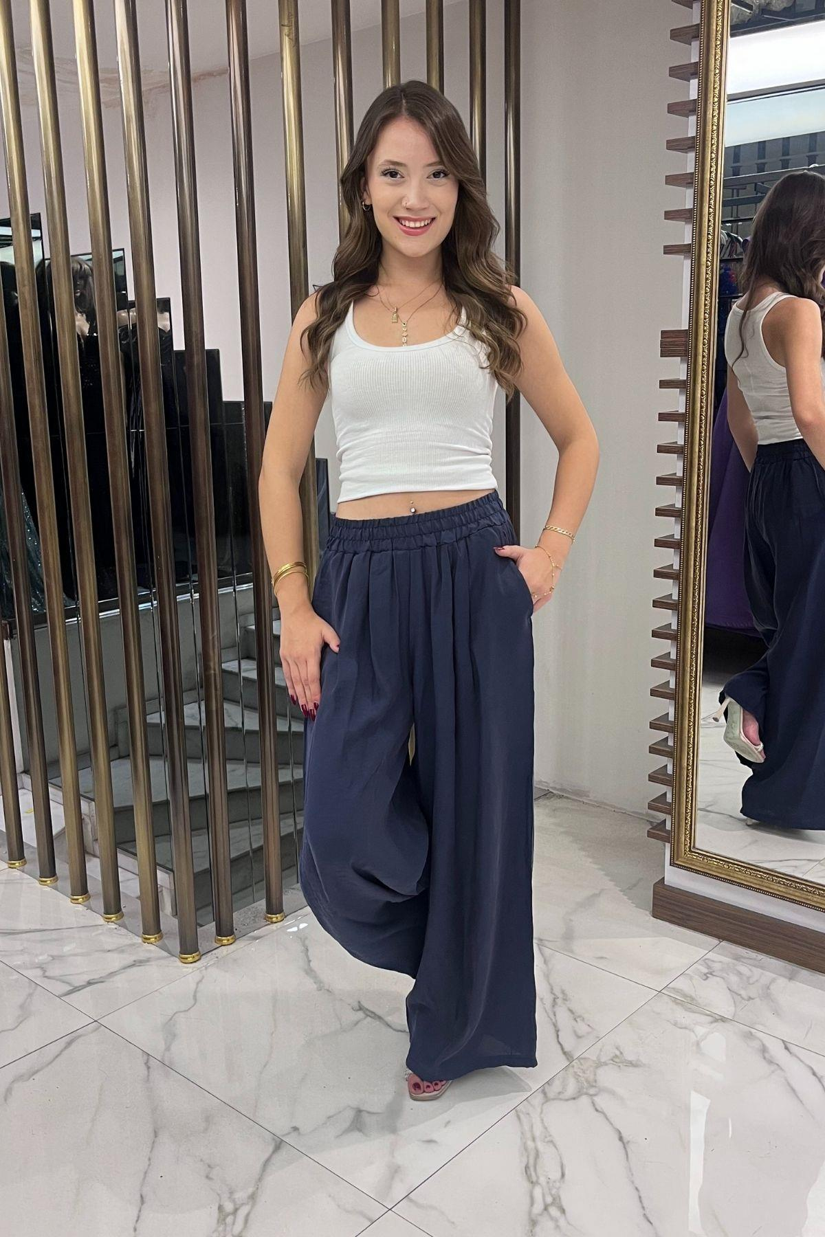 S-25Y4370010Kadın Beli Lastikli Cepli Lyocell Palazzo Pantolon