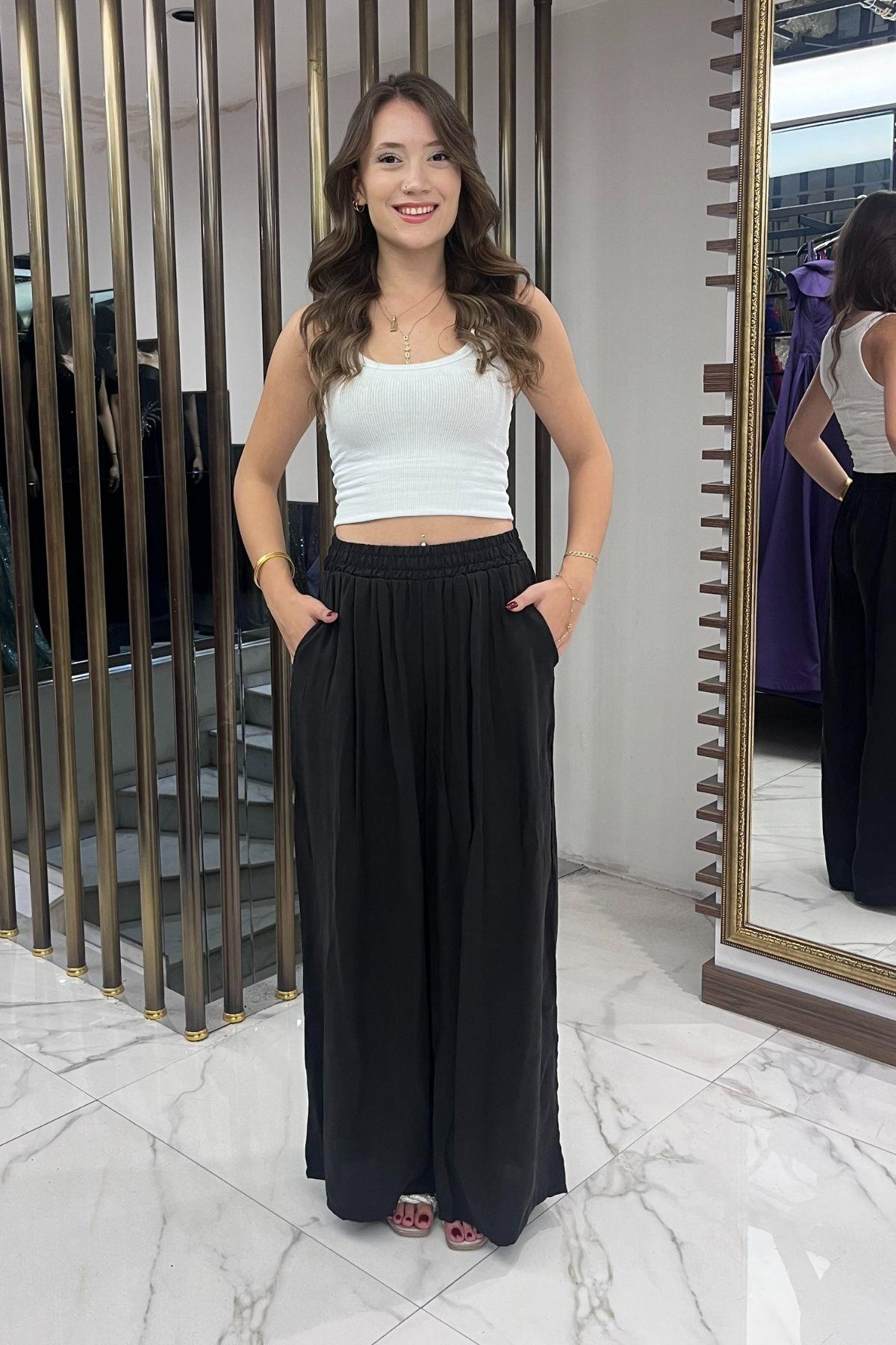 S-25Y4370010Kadın Beli Lastikli Cepli Lyocell Palazzo Pantolon