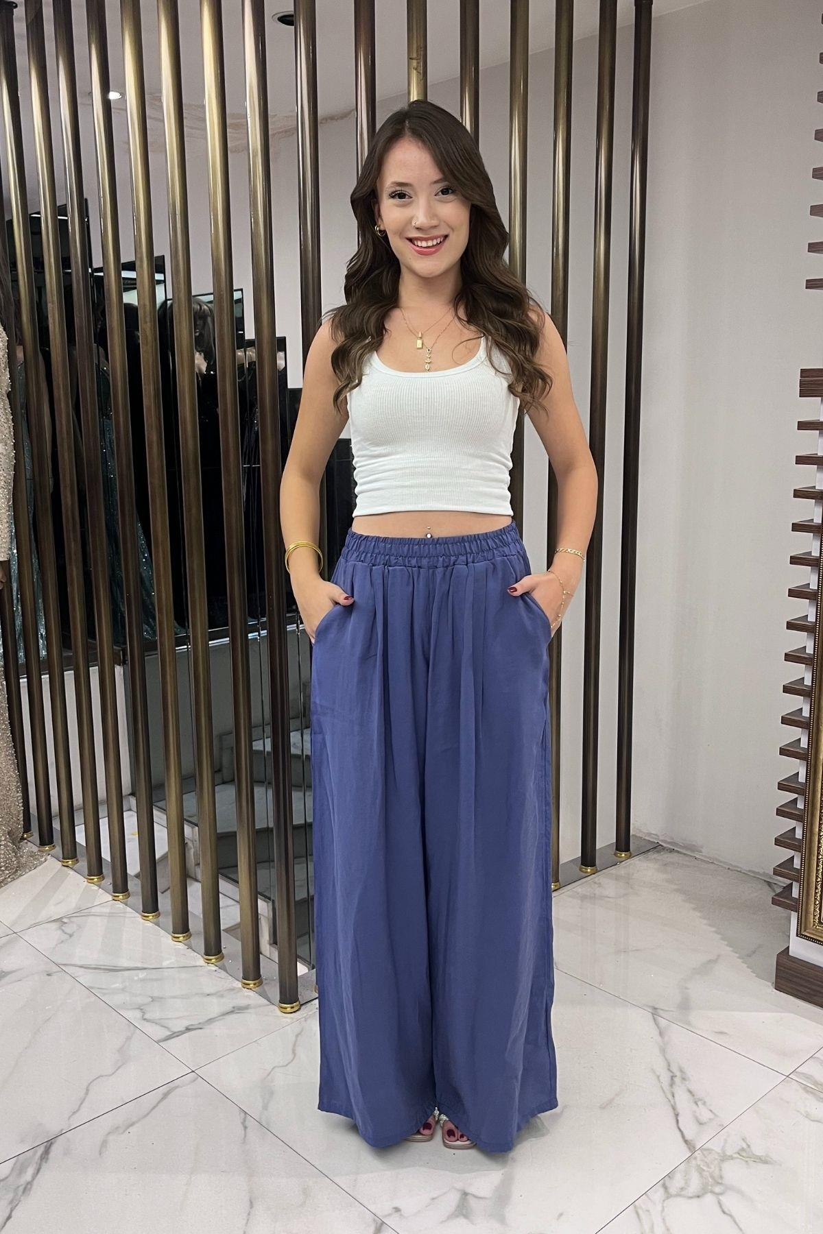 S-25Y4370010Kadın Beli Lastikli Cepli Lyocell Palazzo Pantolon