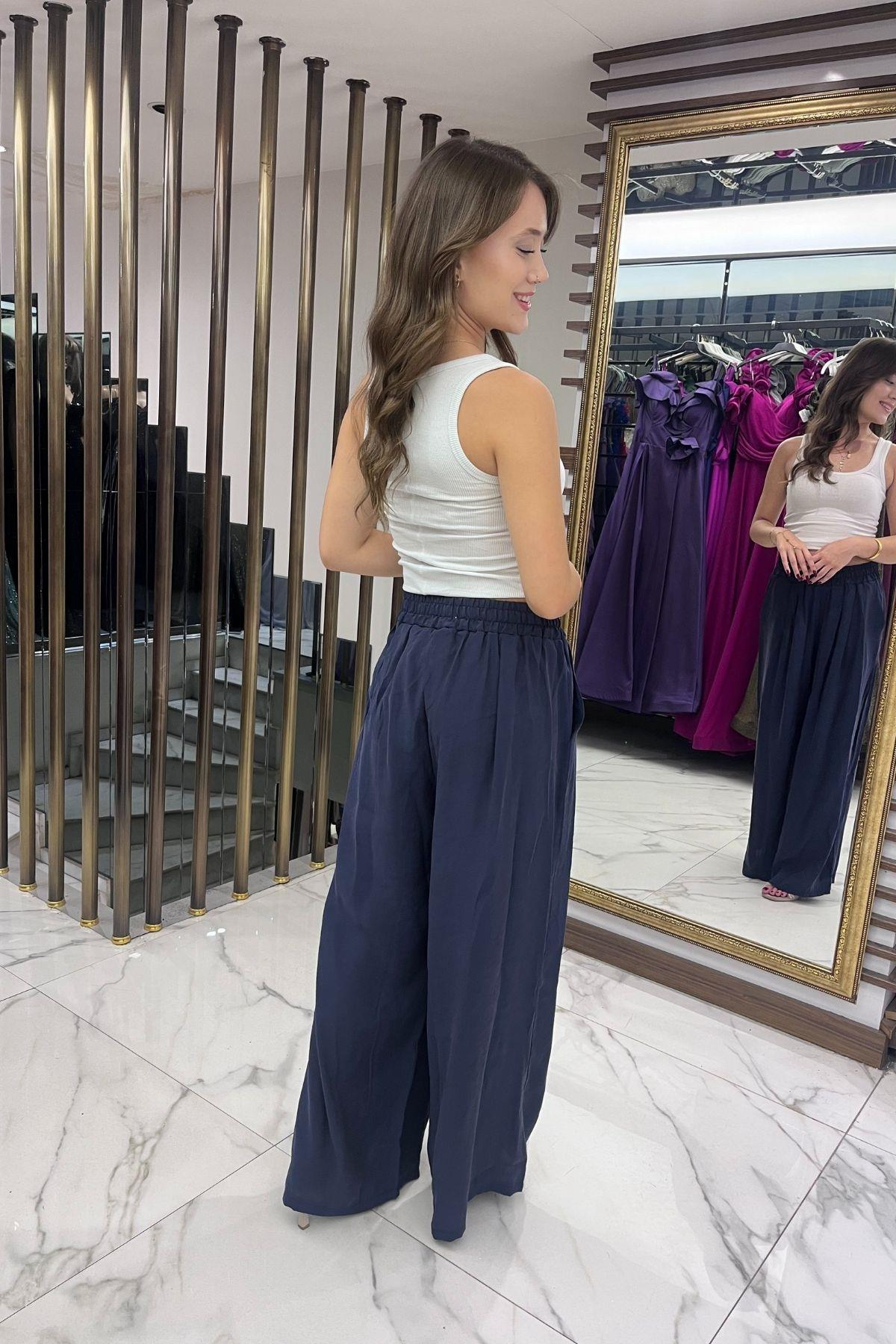 S-25Y4370010Kadın Beli Lastikli Cepli Lyocell Palazzo Pantolon