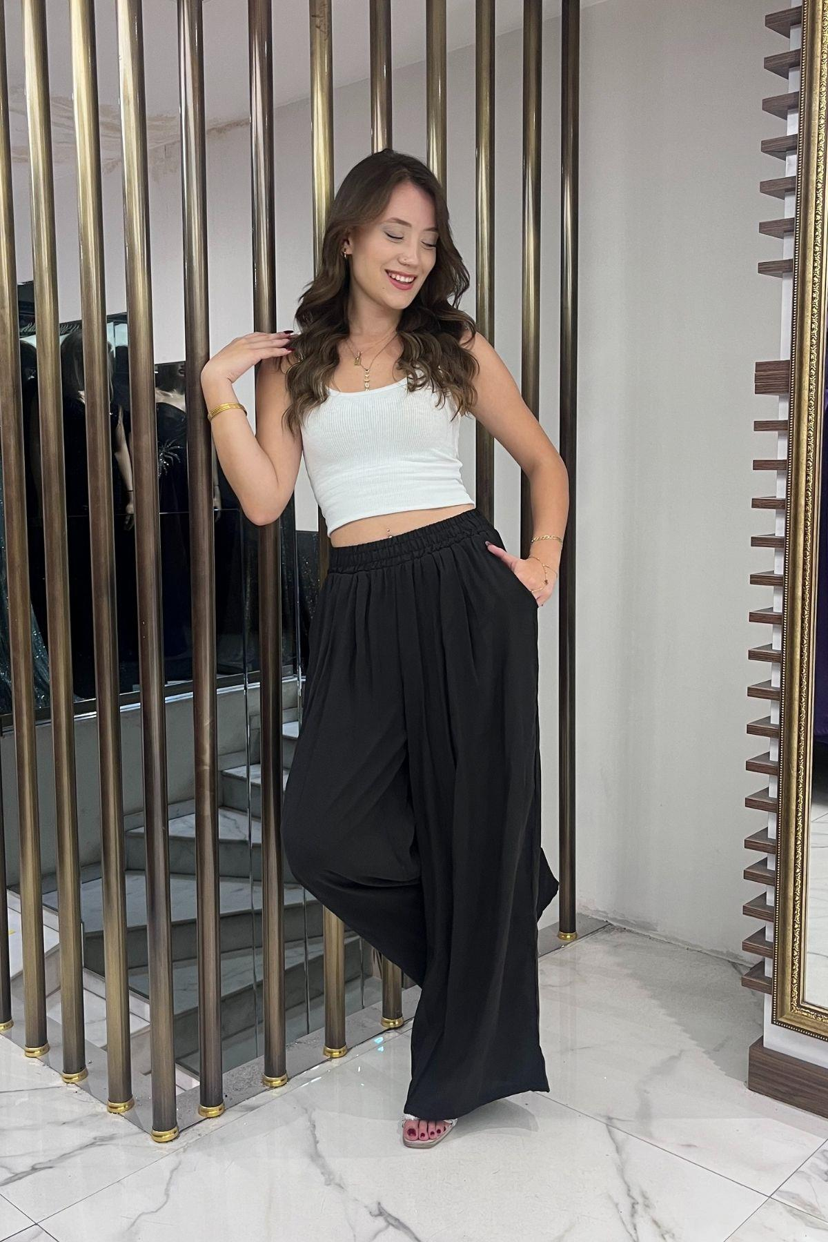 S-25Y4370010Kadın Beli Lastikli Cepli Lyocell Palazzo Pantolon