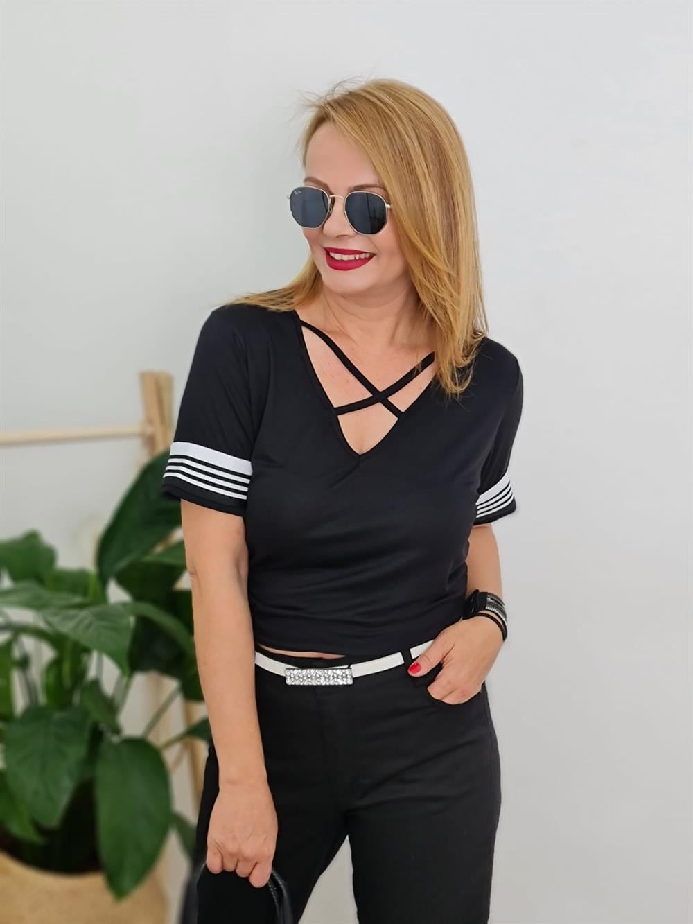FELİX10423 Önü Çapraz Kol Ribana Siyah Tişört