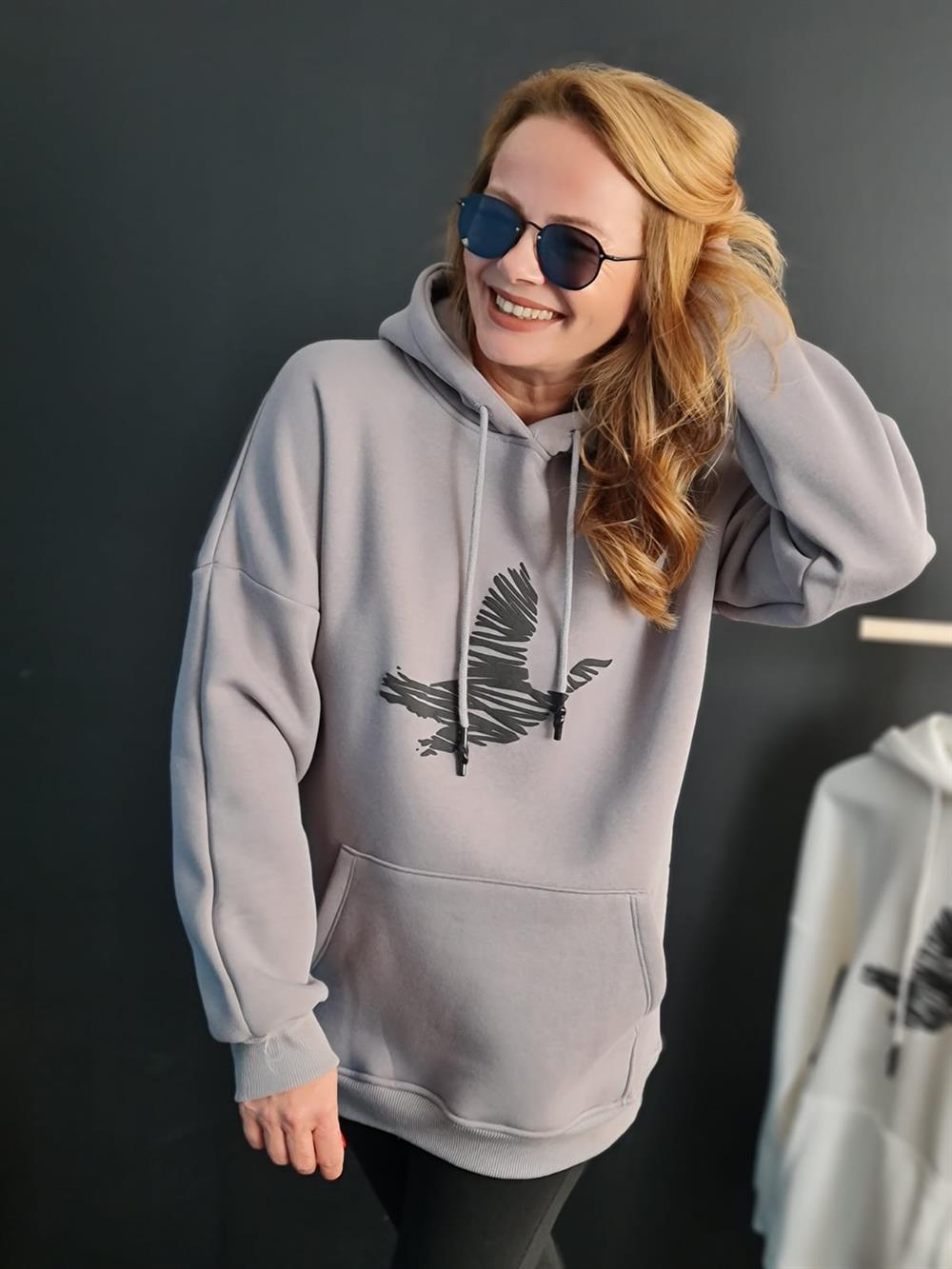 FELİX11024 Kuş Baskılı Rahat Kalıp Şardonlu Gri Sweatshirt