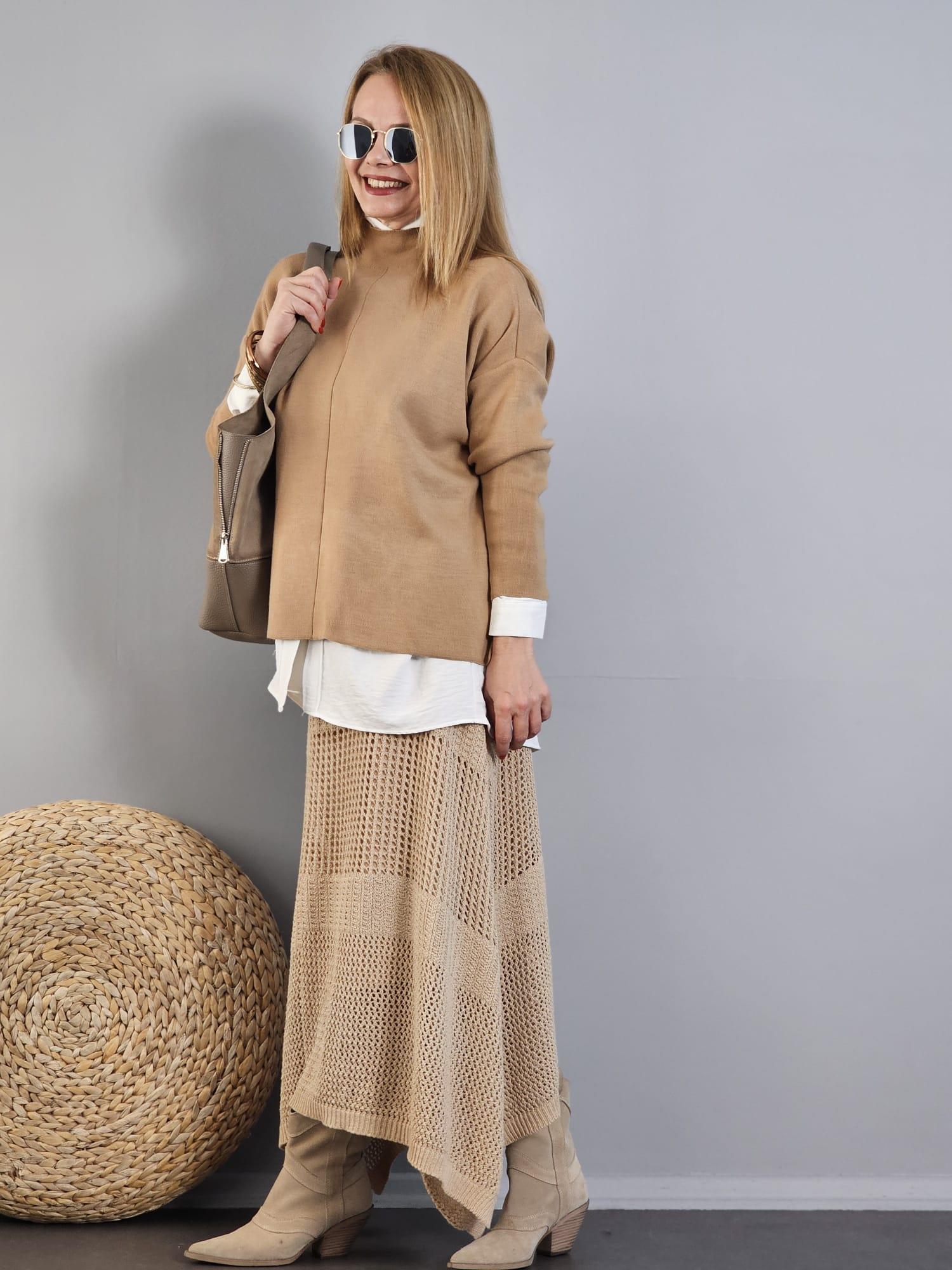 FELİX11529 Camel Asimetrik Örgü Etek